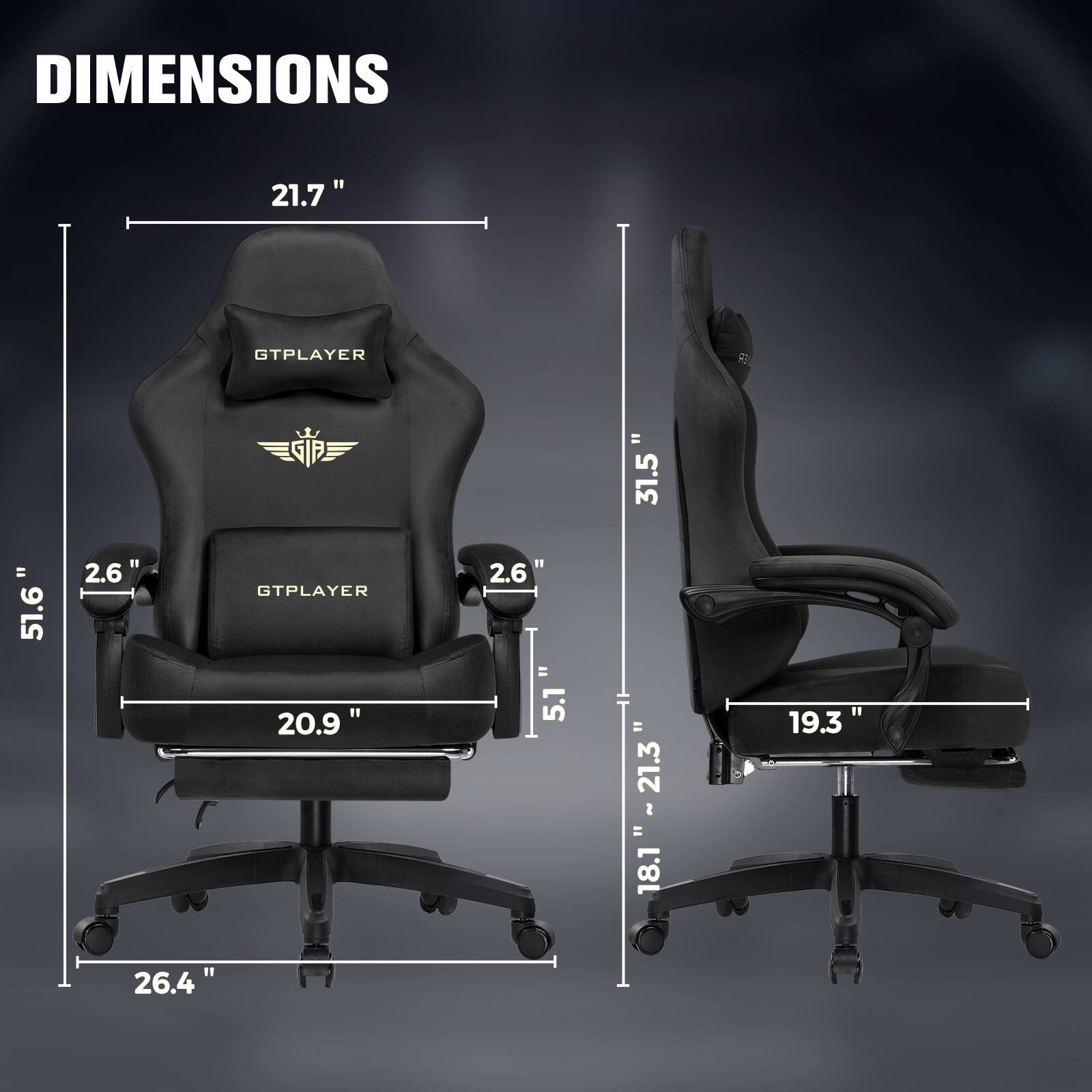 DIMENSIONS

21.7"  
31.5"  
51.6"  
2.6"  
20.9"  
26.4"  
18.1"  
21.3"  
19.3"