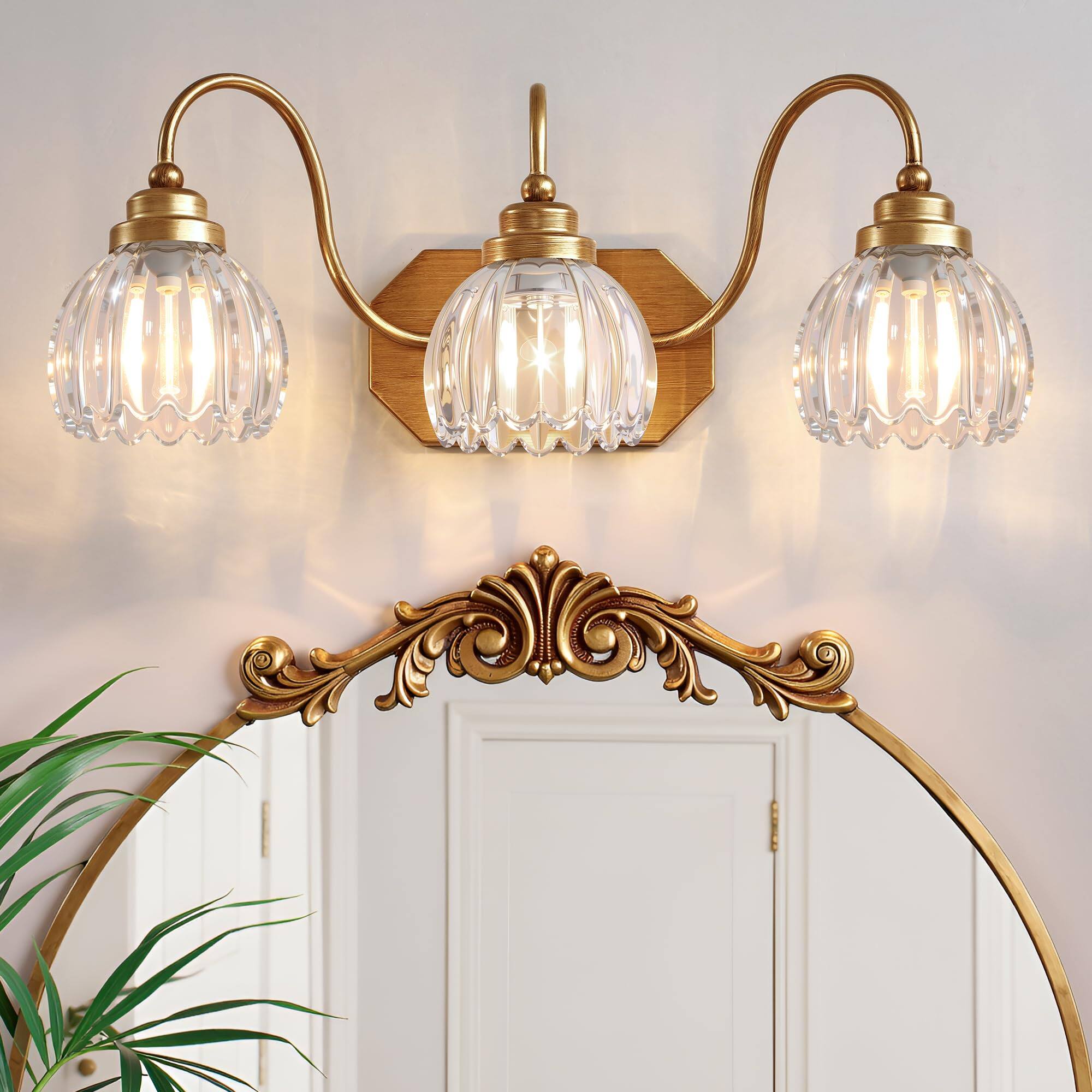 Earthley Blooms - Vintage Bathroom Vanity Light Lighting Fixtures Over Mirror Mid Century Style Farmhouse With Glass Shades - Gold-4-Light