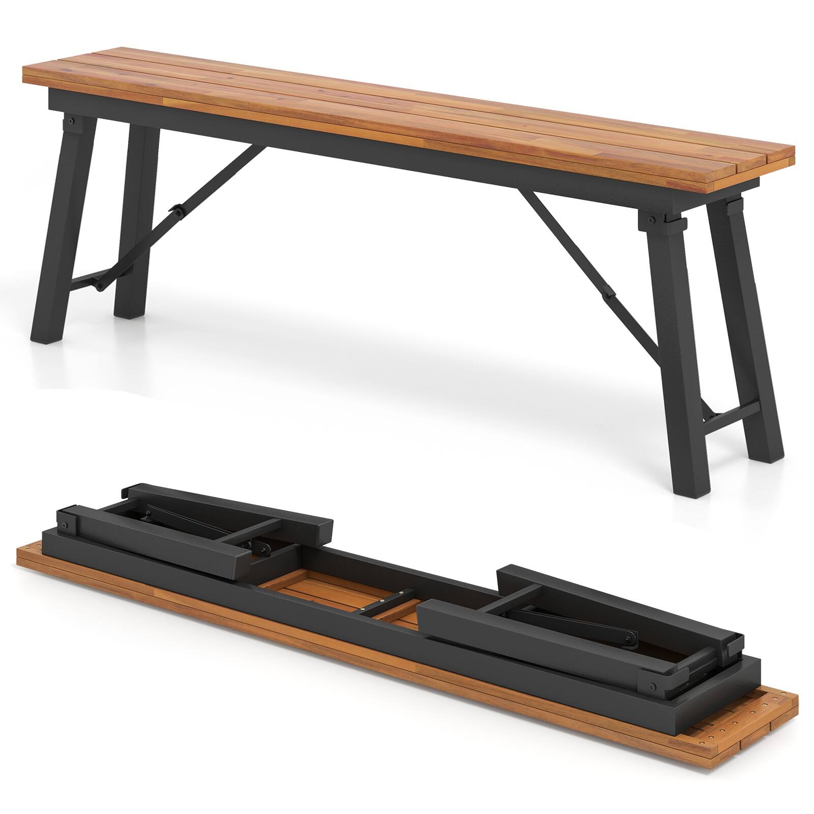 Back. SlickBlue - Portable Folding Picnic Bench Set with Acacia Wood, Rectangular Benches for Camping - Natural.