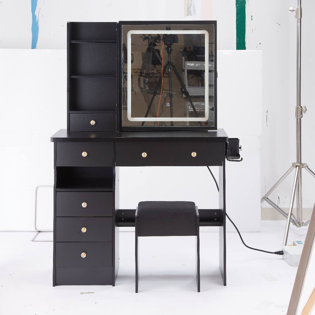 Angle. Loheer - Loheer 37 Inch Makeup Vanity Table with Cushioned Stool, Sliding LED Mirror, Black - Black.