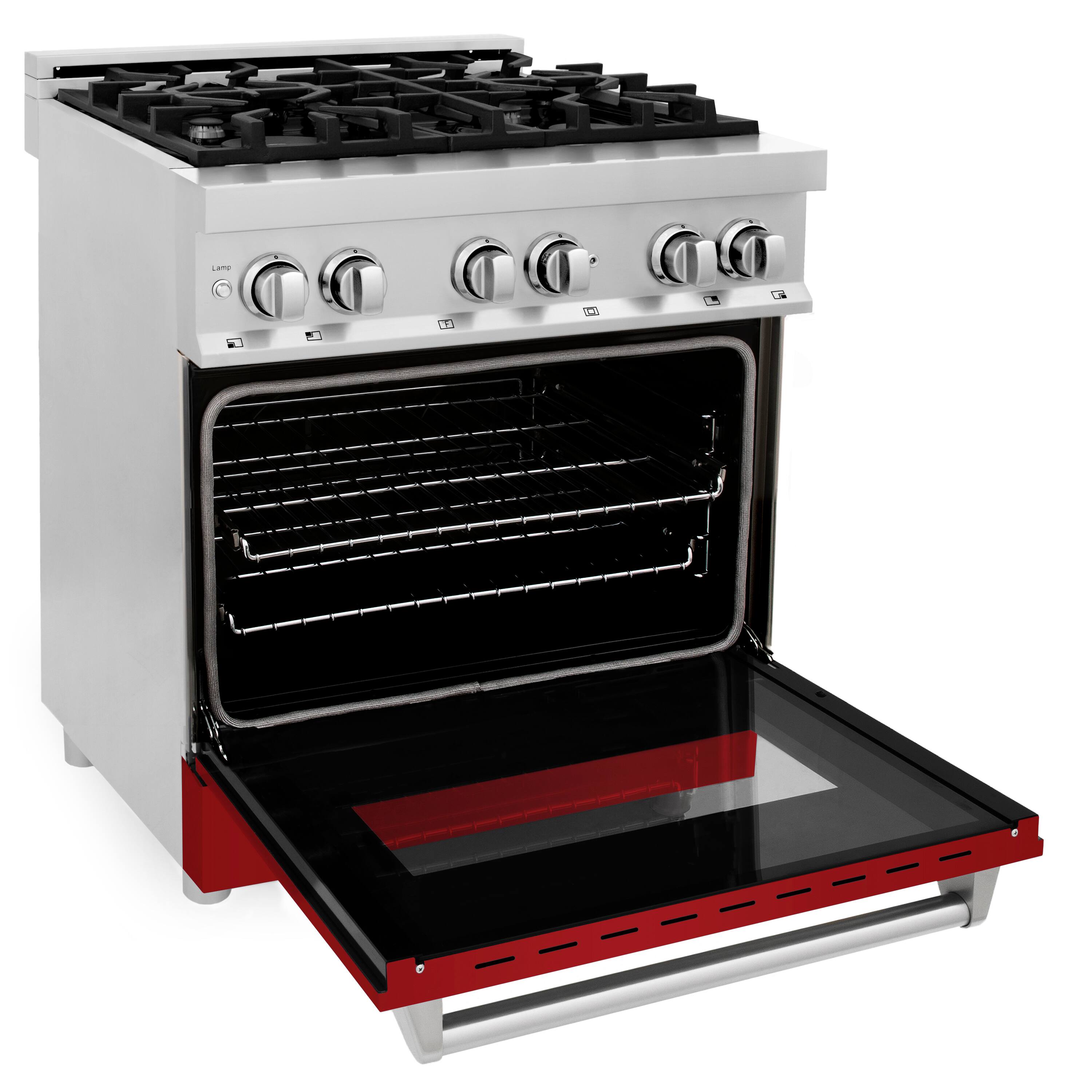 Left. ZLINE - Professional 4 Cu. Ft. Freestanding Dual Fuel Convection Range - Gloss Red.