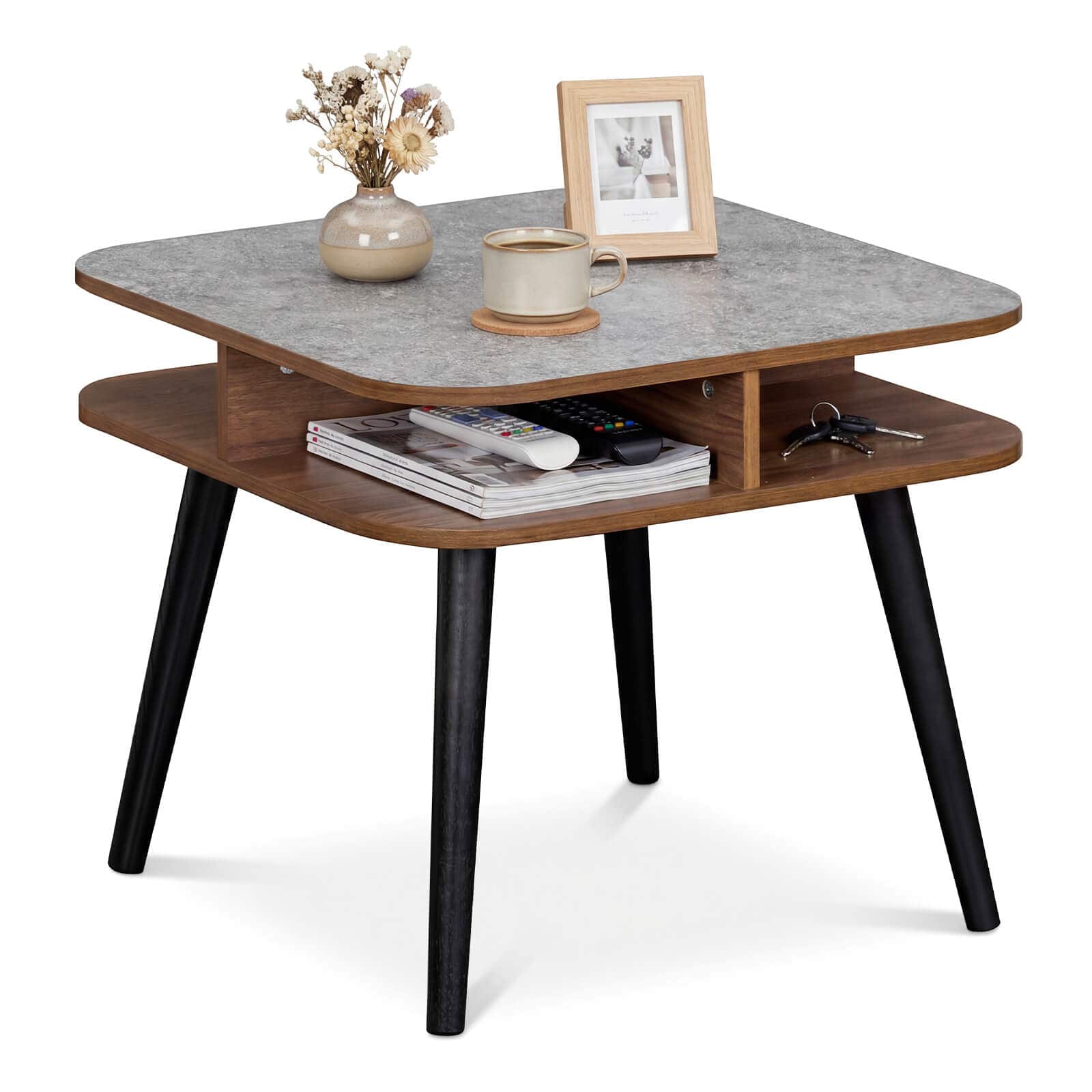 Costway - 1 PCS Faux Marble End Table with Storage Shelves & Rubber Wood Legs for Living Room - Gray, Walnut & Black