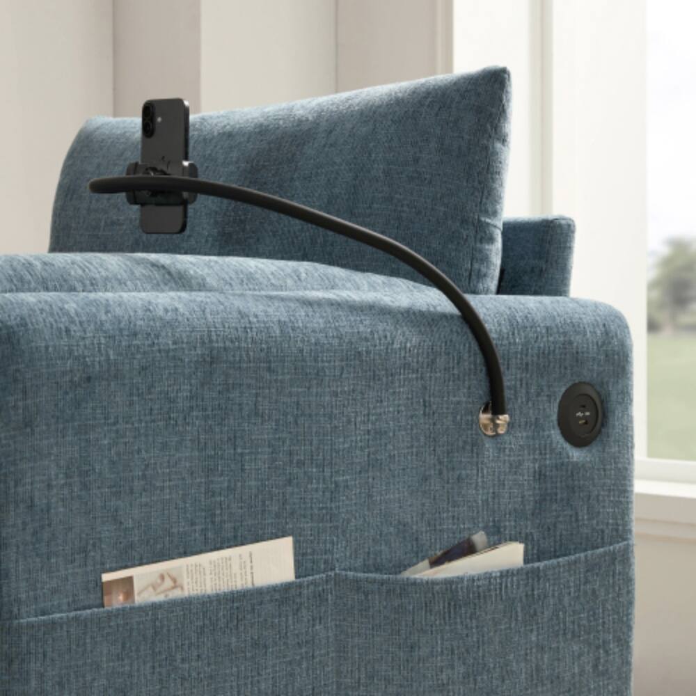 Alt View 4. LUCKY ONE - 37" Single Chenille Armchair Sofa w/ Storage Ottoman Phone Holder USB Charger - Blue.