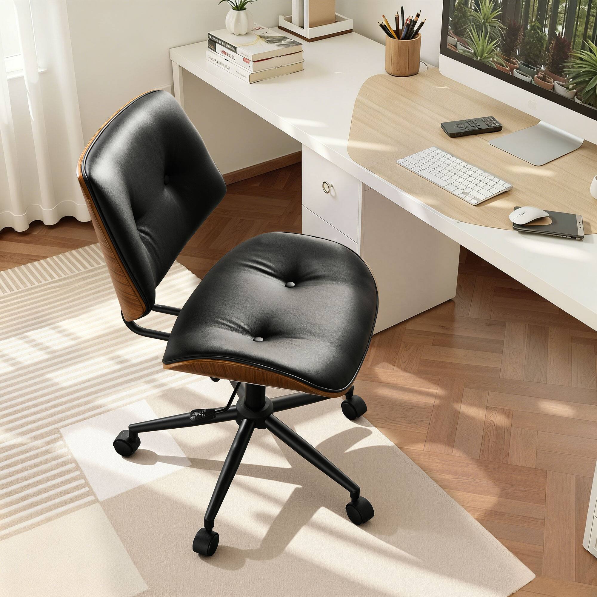 Front. Ovios - Armless Office Chair, PU Leather Swivel Computer Desk Chair, Home Office Chair with Wheels - Black.