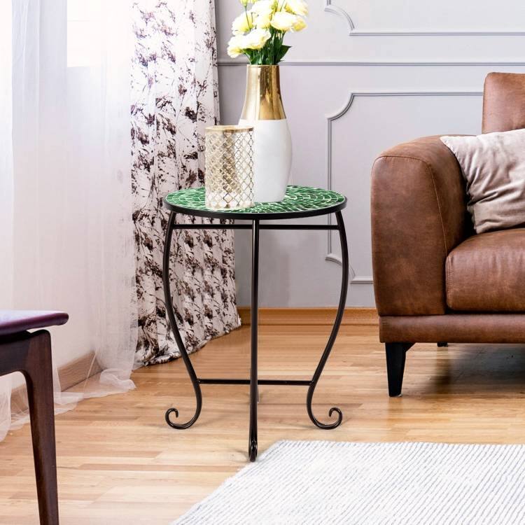 Left. Hivvago - Indoor/Outdoor Green Mosaic Round Side Accent Table Plant Stand - Green.