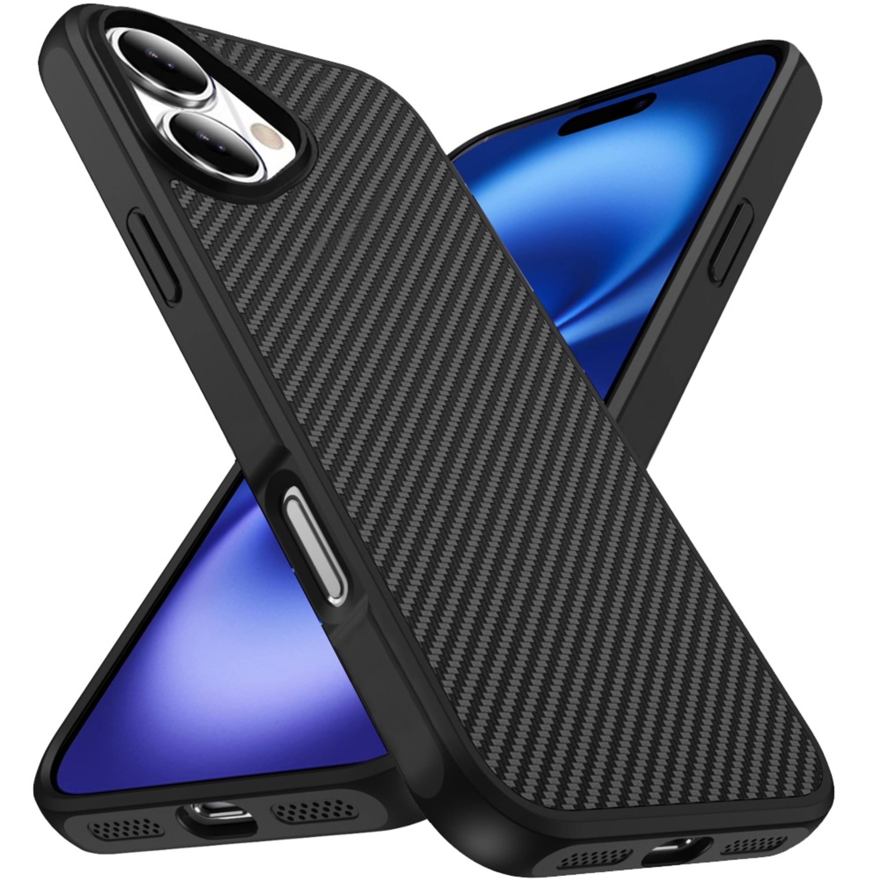 Left. Kitcheniva - Carbon Fiber Print Hidden Magnetic Circle Phone Case With Tempered Glass For iPhone 17 Black - Black.