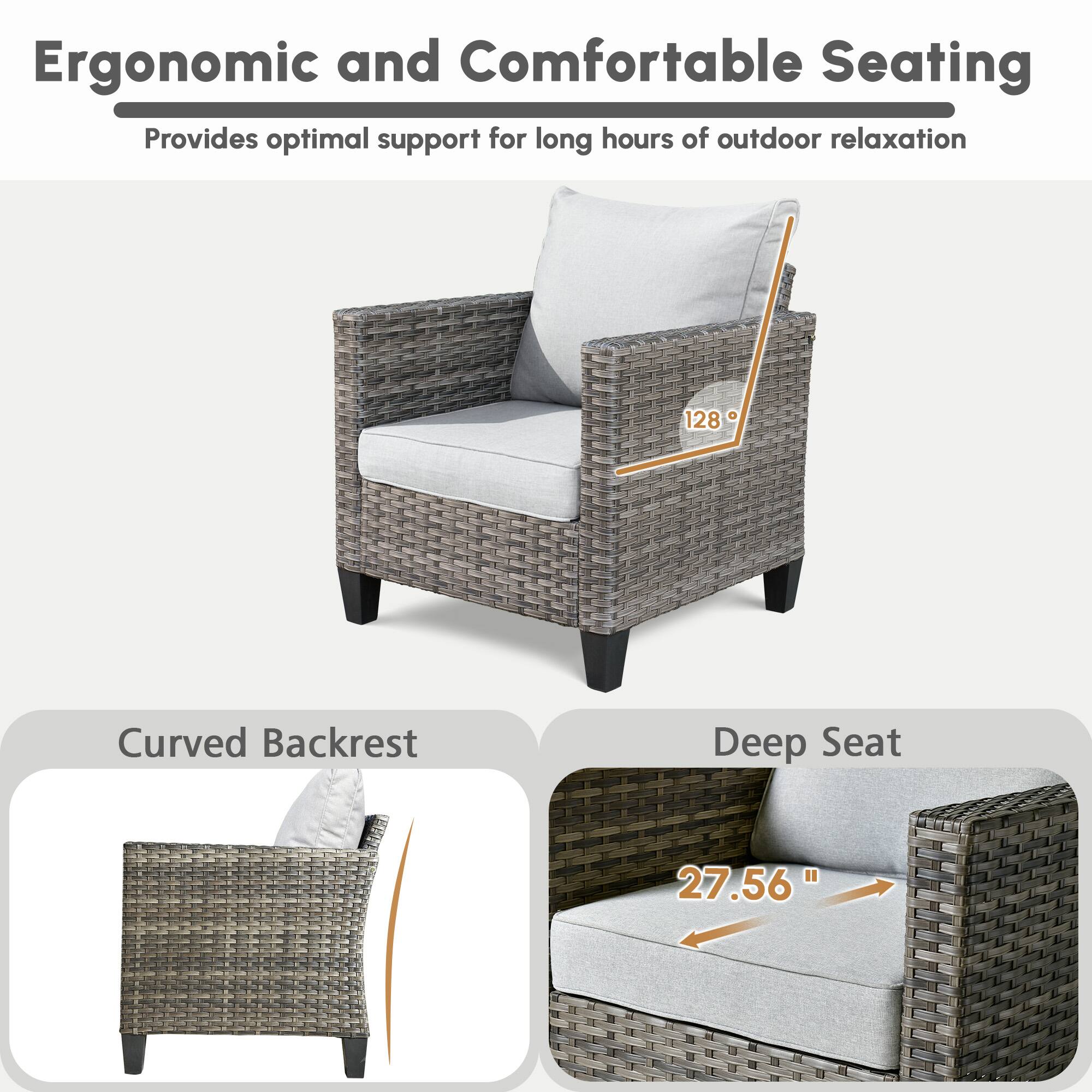 Ergonomic and Comfortable Seating  
Provides optimal support for long hours of outdoor relaxation  

Curved Backrest  
128°  

Deep Seat  
27.56"