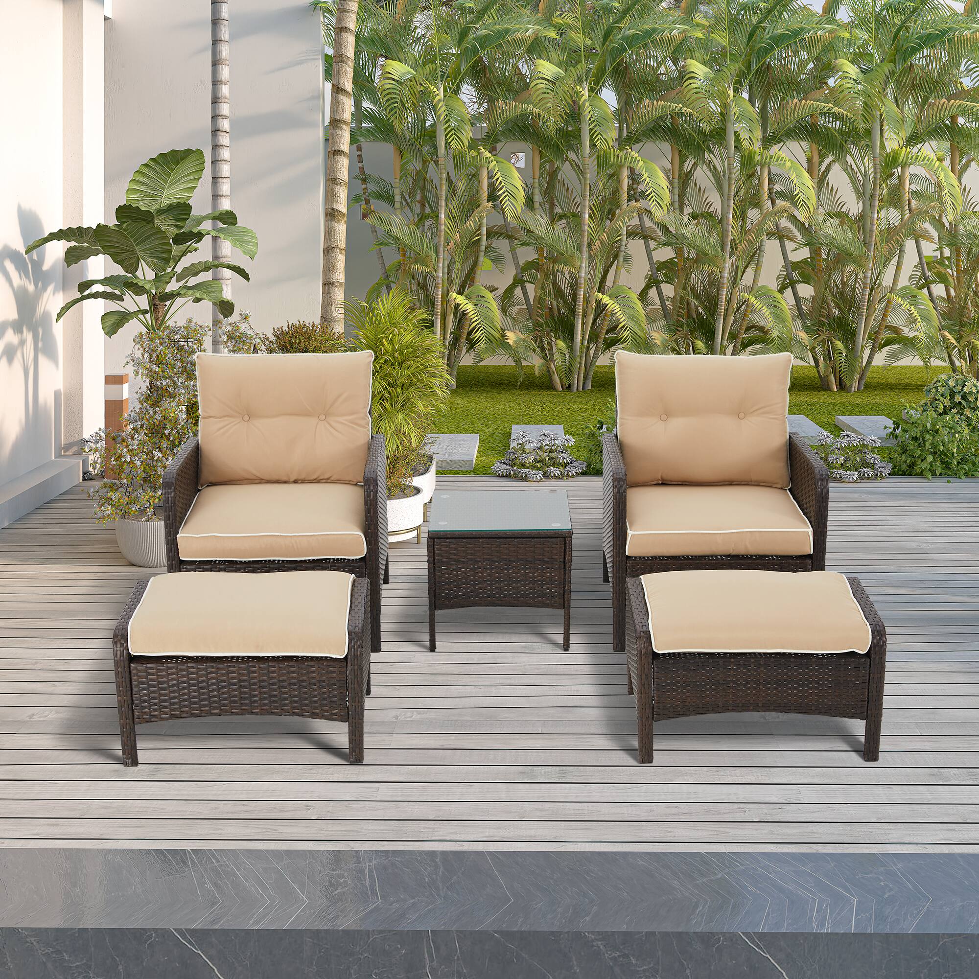 Angle. Mondawe - 5-Piece Wicker Outdoor Conversation Sofa Set with Cushions - Brown+Khaki.