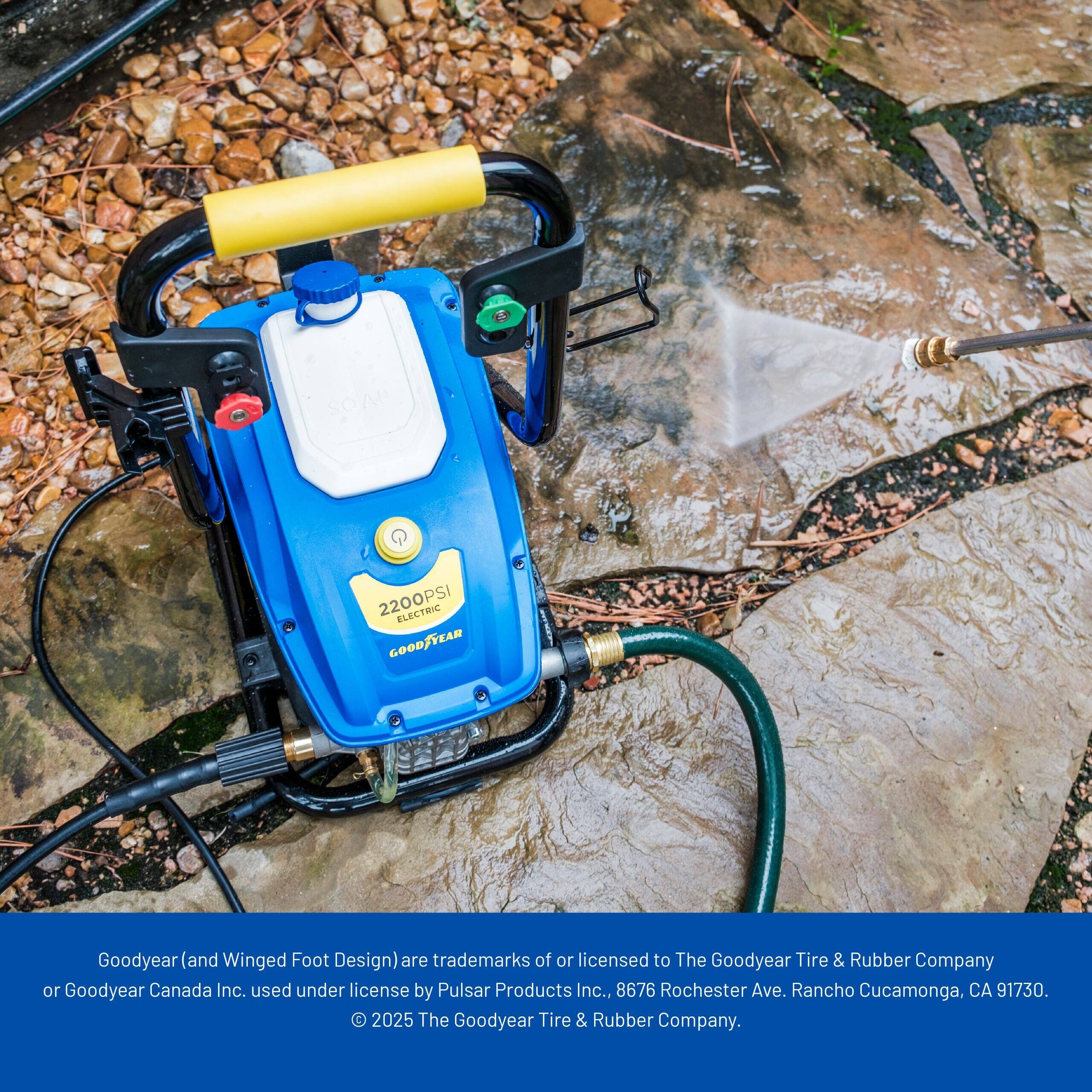 SOA 2200PSI ELECTRIC

Goodyear (and Winged Foot Design) are trademarks of or licensed to The Goodyear Tire & Rubber Company or Goodyear Canada Inc., used under license by Pulsar Products Inc., 8676 Rochester Ave., Rancho Cucamonga, CA 91730. © 2025 The Goodyear Tire & Rubber Company.