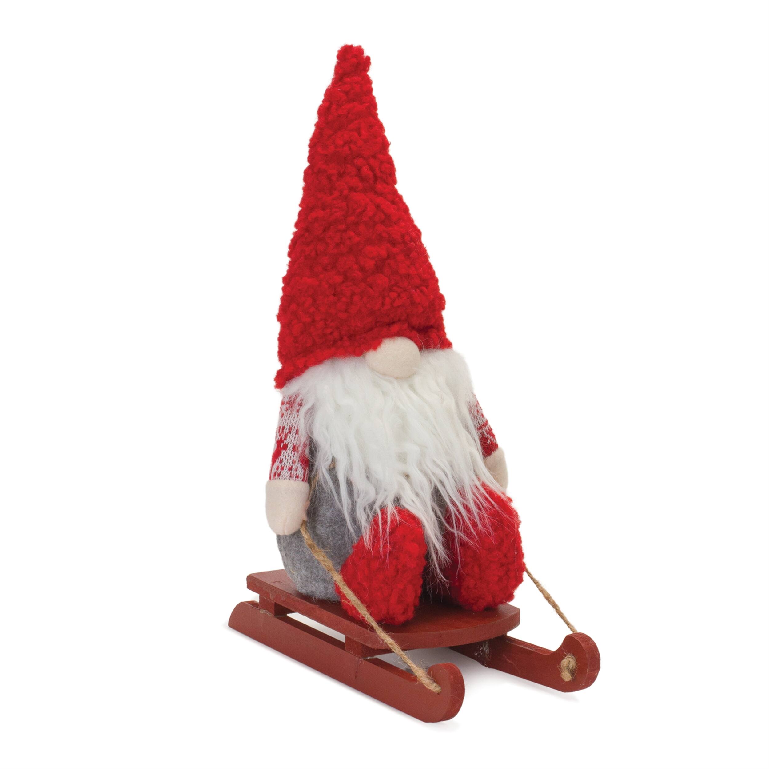 Angle. BreeBe - Plush Winter Gnome on Sled (Set of 2) - Red, Grey.