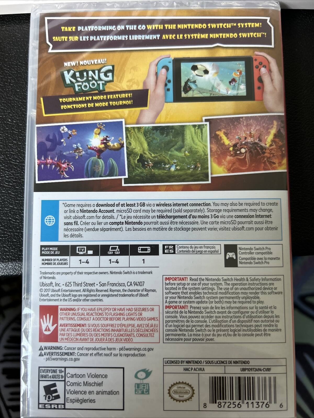 THE WITH THE NINTENDO SWITCH SYSTEM! TAKE PLAYFORMING LIBREMENT AVEC SYSTME NINTENDO SWITCH! SAUTE PLATEFORMES

NEW! NOUVEAU!

KUNG FOOT MODE FEATURES! TOURNAMENT MODE TOURNOI! FONCTIONS

Game requires download wireless internet connection. required create Nintendo Account. microSD required (sold separately). Storage requirements change, ubisoft.com details. ncessite tlchargement moins connexion Internet compte Nintendo pourrait ncessaire. microSD pourrait ncessaire (vendue sparment). besoins matire stockage peuvent varier, visitez ubisoft. obtenir dtails.

1-4 1-4

Contenido franais Nintendo Controller compatible Compatible Nintendo Trademarks property respective trademark

IMPORTANT! Nintendo Switch Health Safety Information Ubisoft, Third Street Francisco, 94107 system. operation instructions located system settings. unauthorized Entertainment. Reserved Rayman, Royman, software enables technical modification software registered unregistered trad