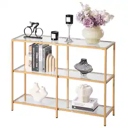 VEVOR - 3-Tier Glass Console Table, Modern Rectangle Sofa Side Table with Tempered Glass Top and Iron Legs - Gold