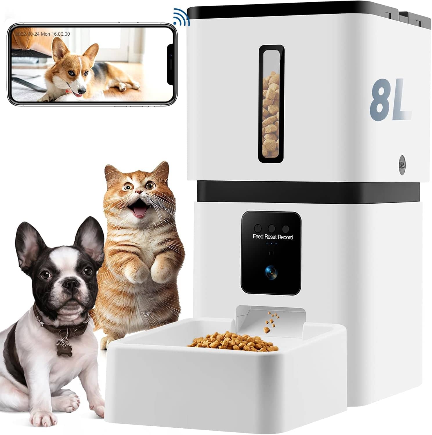 PRIMEPLUS - Automatic Pet Feeder with Camera - 8L/33 Cups, App Control, 2-Way Audio, Timed Dispenser for Small/Medium Dogs & Cats - White
