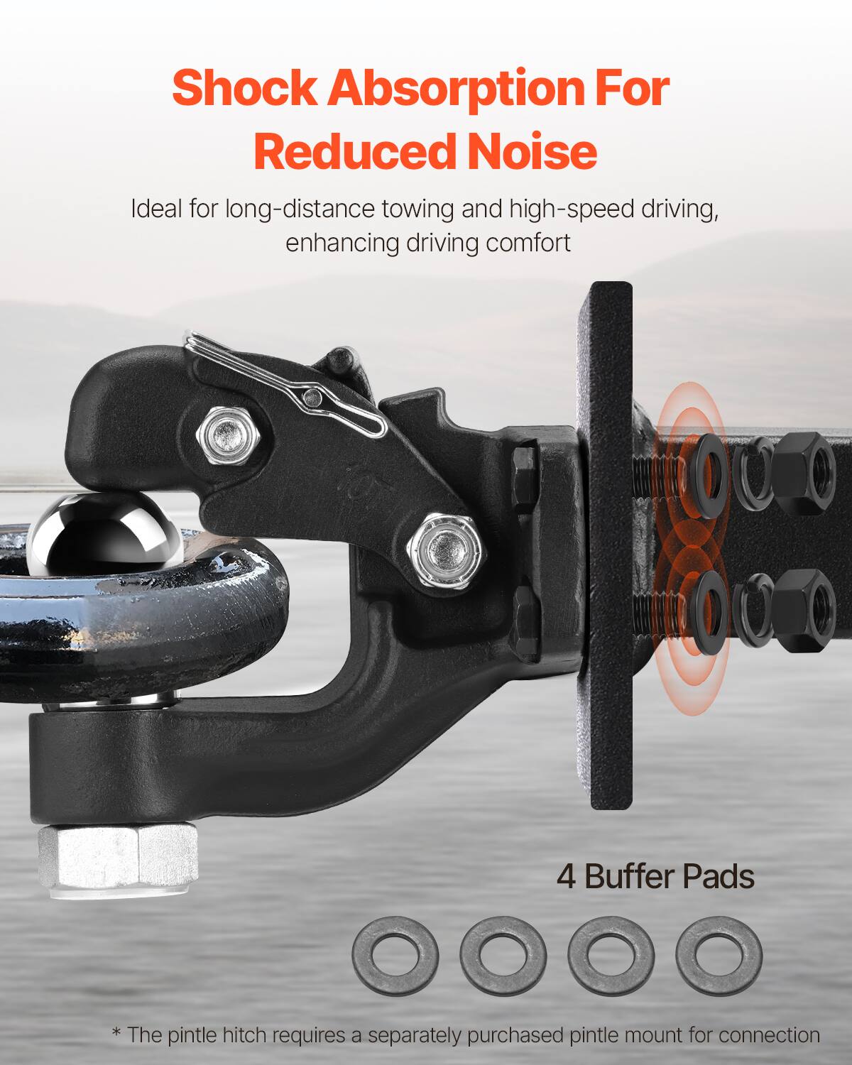 Shock Absorption For Reduced Noise

Ideal for long-distance towing and high-speed driving, enhancing driving comfort

4 Buffer Pads

* The pintle hitch requires a separately purchased pintle mount for connection