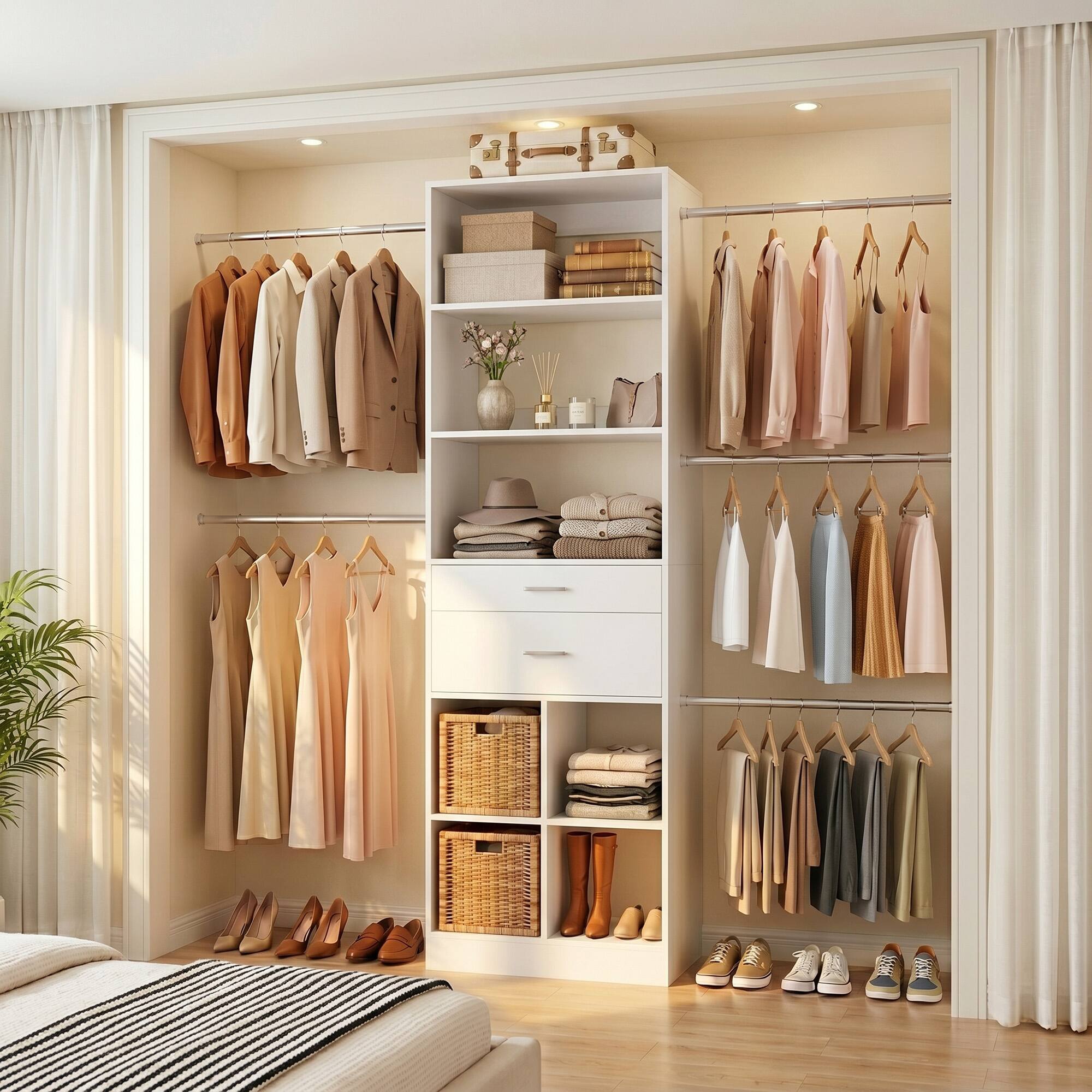 Back. Aheaplus - Small Closet System, 3.2-6.8FT Adjustable Closet Organizer with 2 Drawers & 5 Hanging Rods - White.
