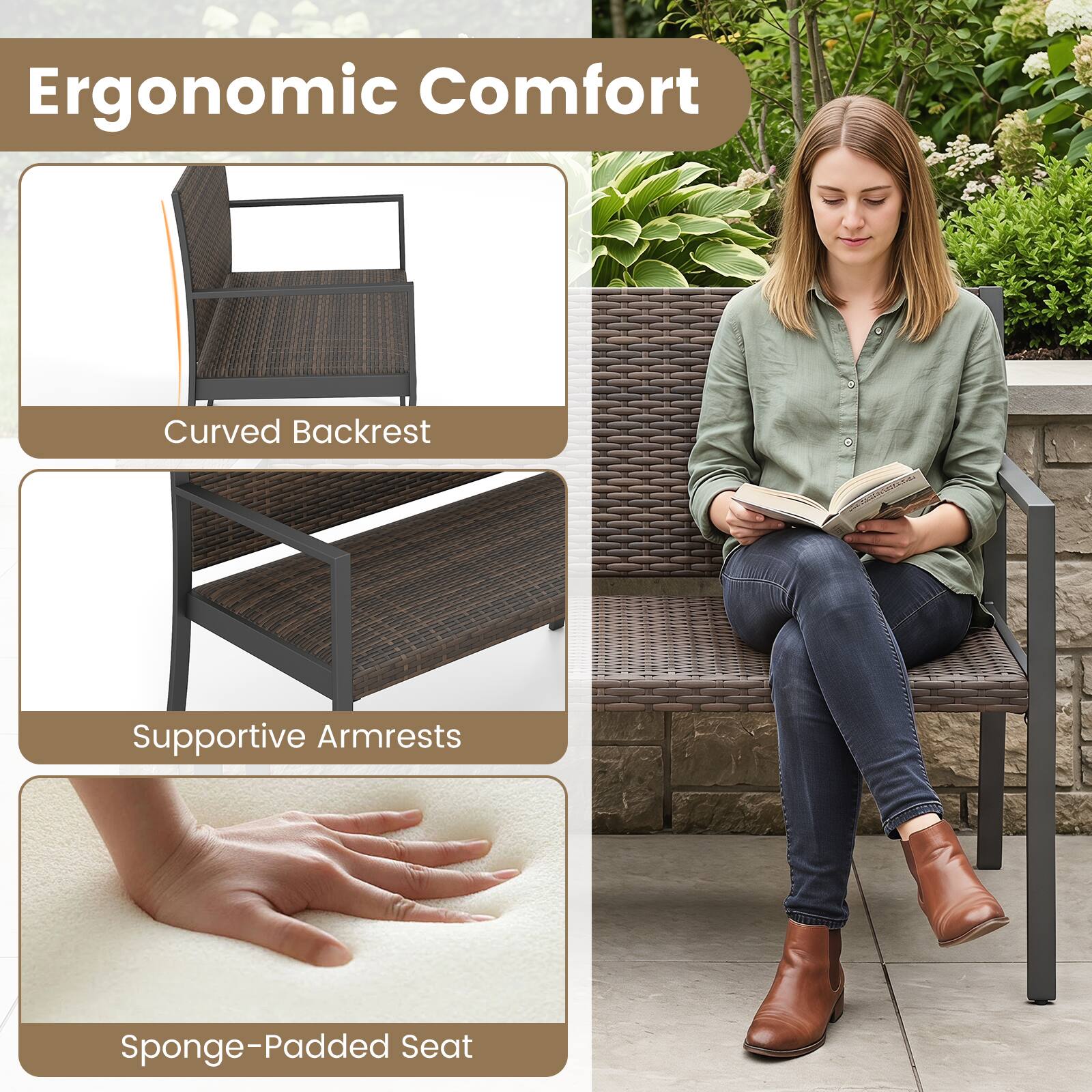 Ergonomic Comfort

- Curved Backrest
- Supportive Armrests
- Sponge-Padded Seat