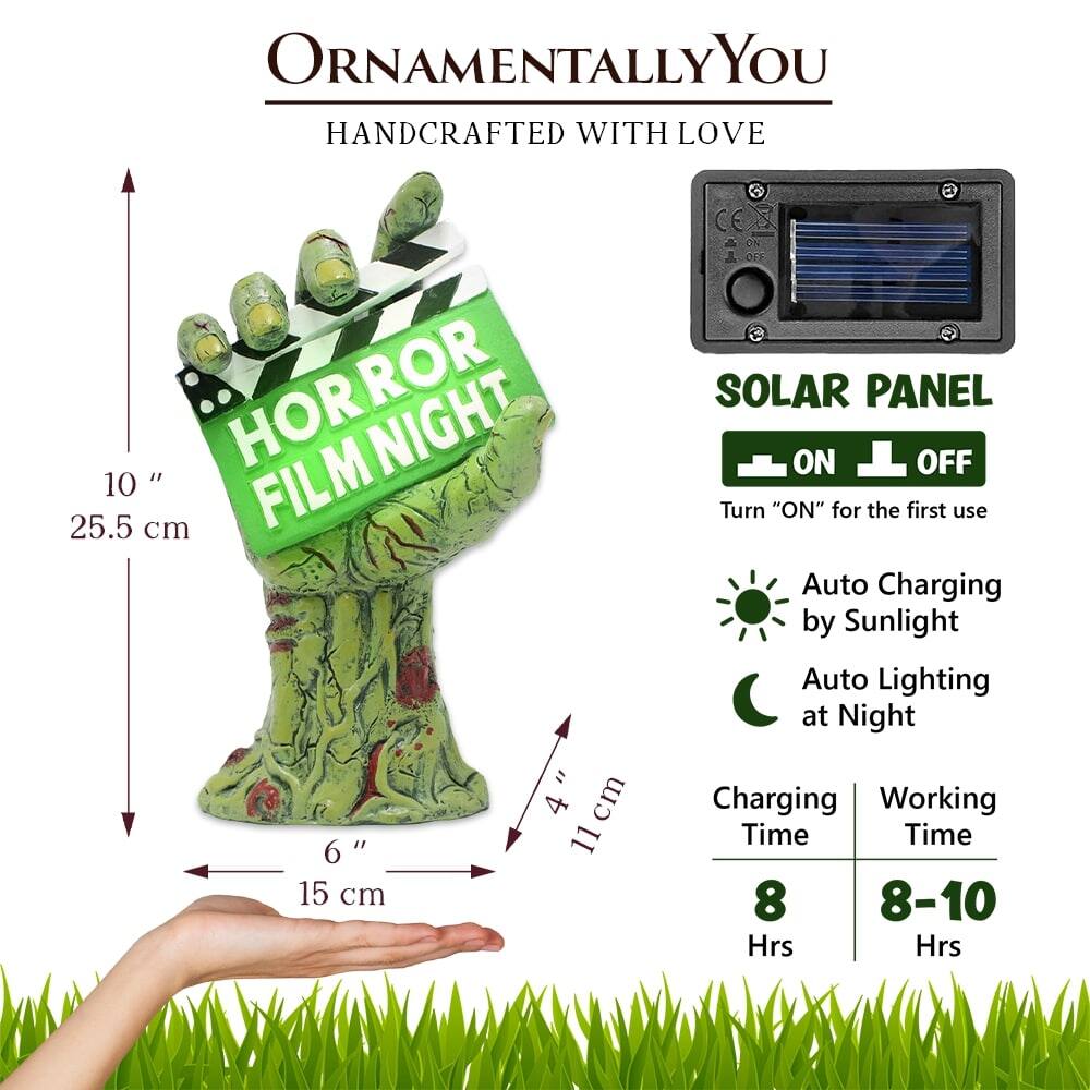 ORNAMENTALLY YOU  
HANDCRAFTED WITH LOVE  

HORROR FILM NIGHT  

SOLAR PANEL  
ON OFF  
Turn "ON" for the first use  

Auto Charging by Sunlight  
Auto Lighting at Night  

Charging Time: 8 Hrs  
Working Time: 8-10 Hrs  

10 " 25.5 cm  
6 " 15 cm  
4 " 11 cm