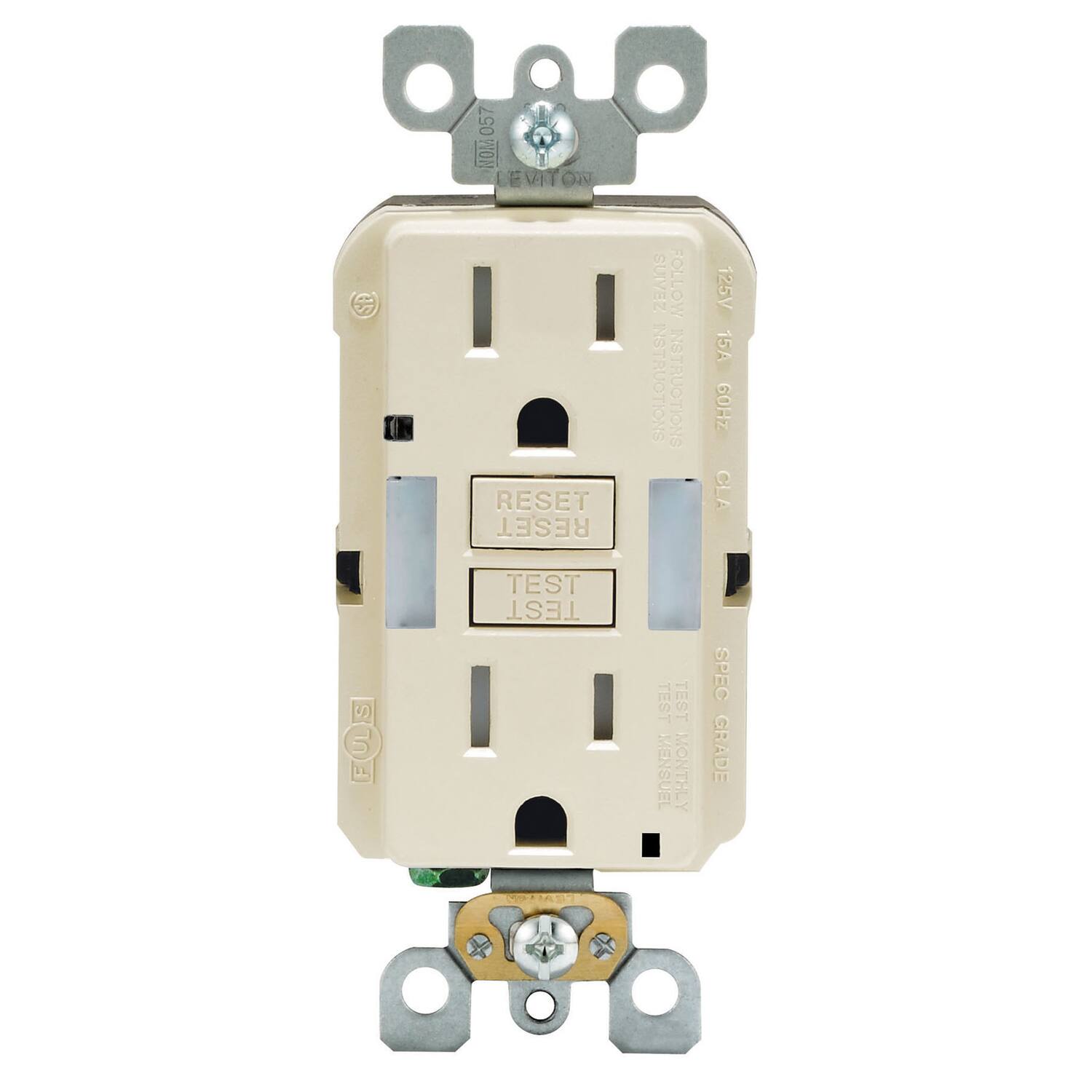 057 WON LEVITON SP SUIVEZ FOLLOW 125V 15A INSTRUCTIONS 60Hz RESET CLA RESET TEST TEST SPEC FULE MENSUEL MONTHLY Y GRADE VOZIANT