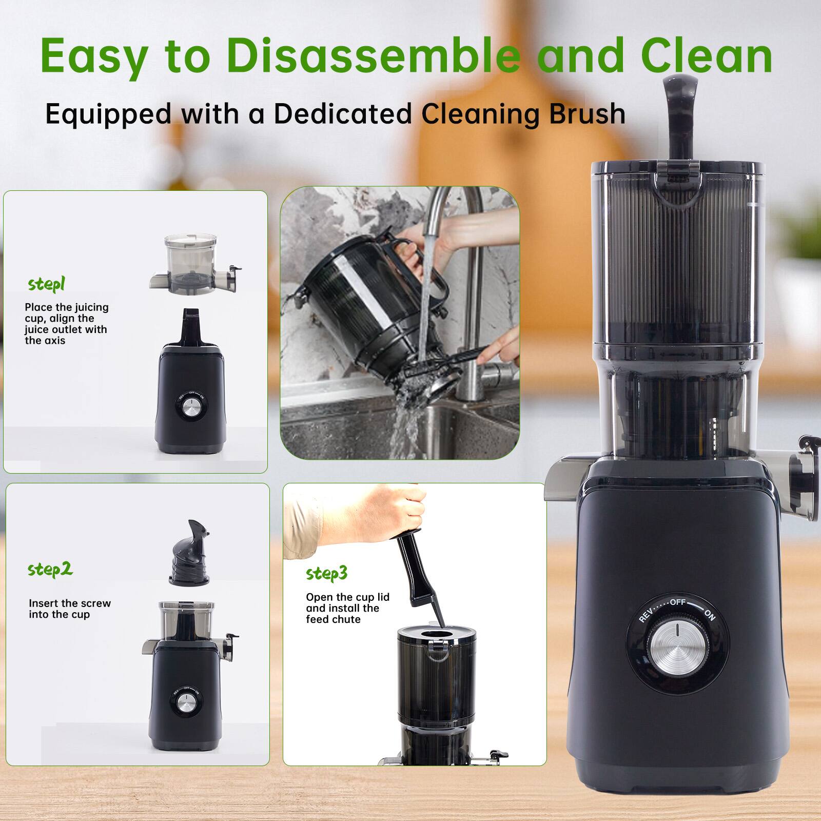 Easy to Disassemble and Clean  
Equipped with a Dedicated Cleaning Brush  

**step1**  
Place the juicing cup, align the juice outlet with the axis  

**step2**  
Insert the screw into the cup  

**step3**  
Open the cup lid and install the feed chute