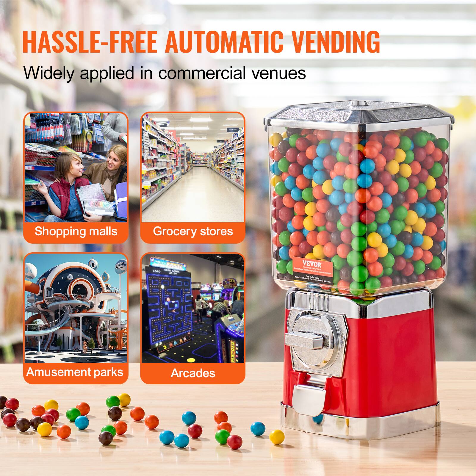 HASSLE-FREE AUTOMATIC VENDING  
Widely applied in commercial venues  

- Shopping malls  
- Grocery stores  
- Amusement parks  
- Arcades