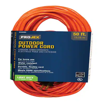 3530060
PROJEX
OUTDOOR POWER CORD
CORDÓN TOMACORRIENTE ELÉCTRICO PARA USO EXTERIOR
For home use
Para uso en el hogar
Water resistant
Resistente al agua
Durable, flexible cord
Cable duradero y flexible
Meets OSHA specifications
Cumple con las especificaciones de la OSHA
LIGHT DUTY
16 GAUGE/13 AMP
50 ft.
15.24 m
UL
