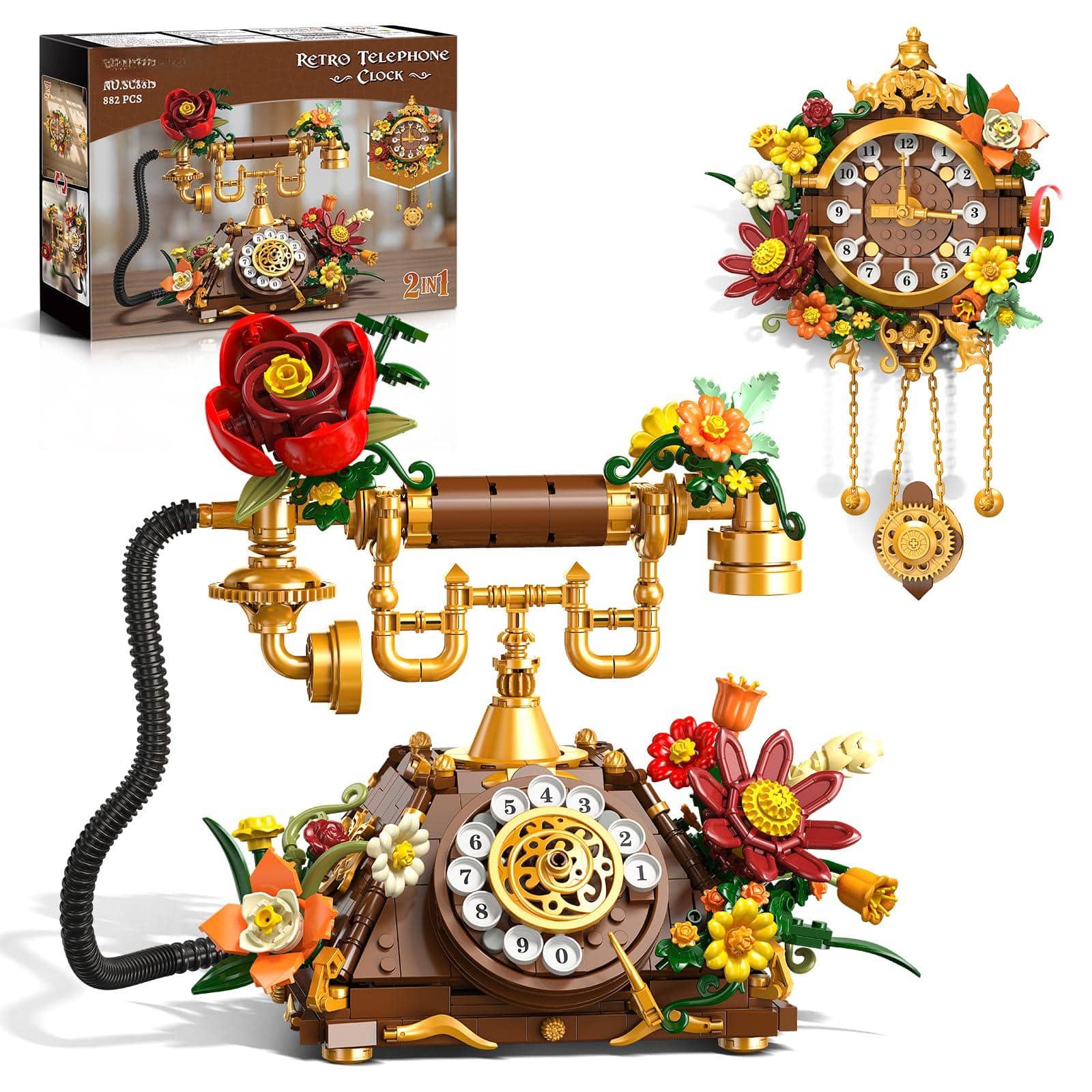 Jadie Link - Flowers Retro Telephone Clock Building Set Vintage Phone Block Kit With Realistic Design Office Decor Gift For Adults - Default