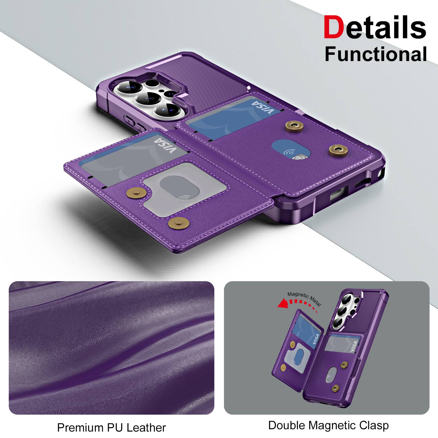 Details Functional

Premium PU Leather

Double Magnetic Clasp

Magnetic Metal