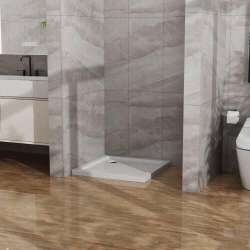 Alt View 2. JUJABU - 32x32 in Shower Base, Centered Drain No Threshold Shower Pan, White - White.