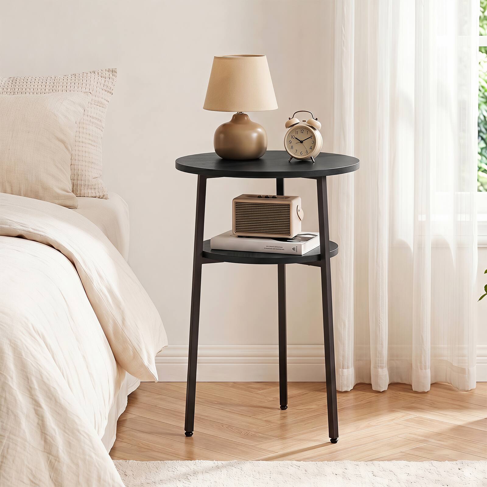 Alt View 3. Costway - Costway 2 PCS 2-Tier Round Side Table with Storage Shelf Metal Frame for Living Room Bedroom - Black.