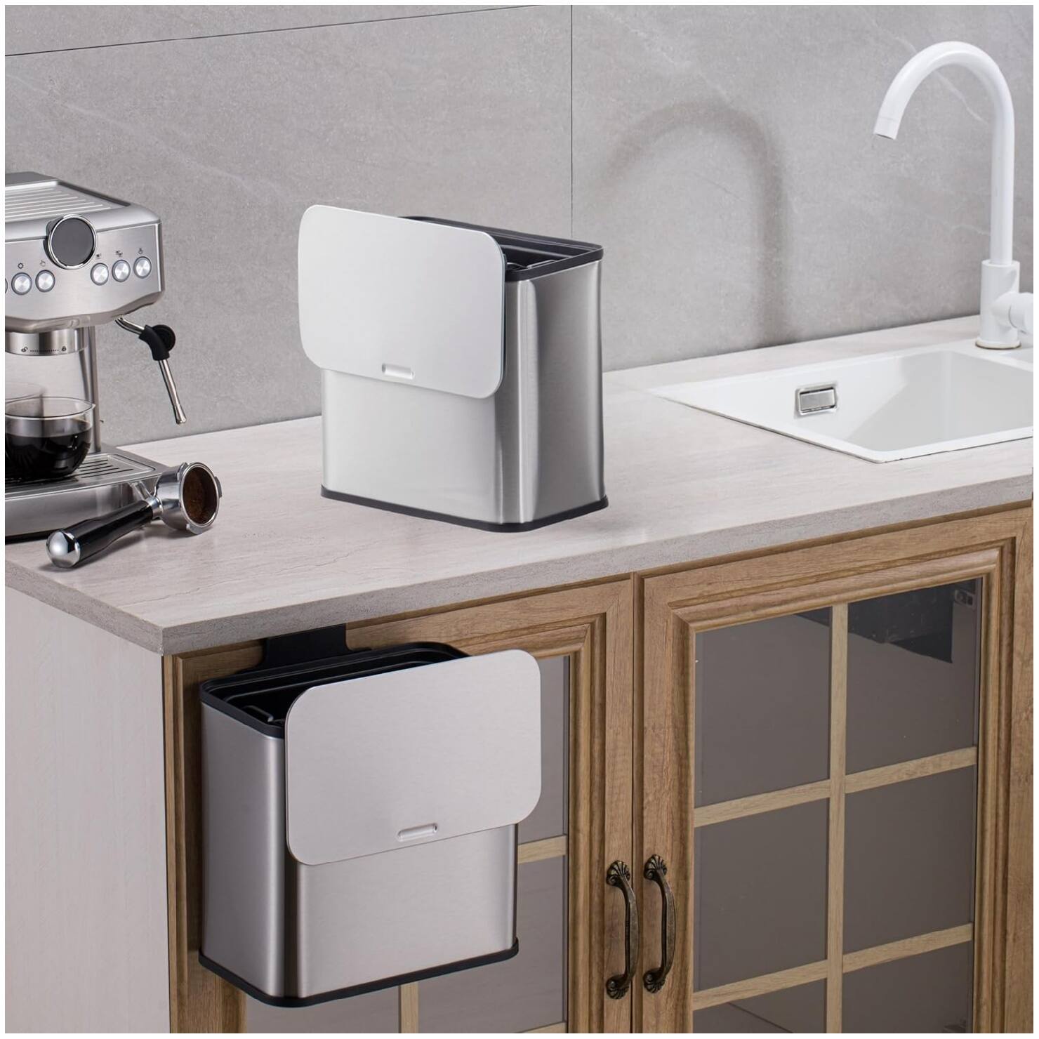 Alt View 2. GARVEE - 1.3 Gal Hanging Trash Can,Stainless Steel Kitchen Bin with Lid,Inner Bucket - Silver.