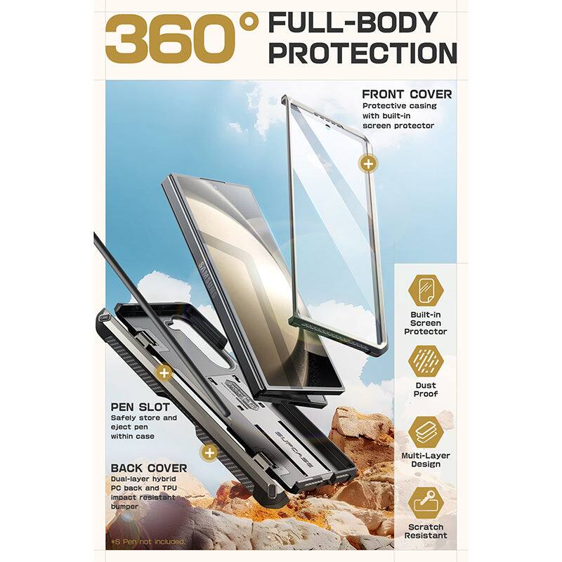 **360° FULL-BODY PROTECTION**

**FRONT COVER**
- Protective casing with built-in screen protector

**PEN SLOT**
- Safely store and eject pen within case

**BACK COVER**
- Dual-layer hybrid PC back and TPU impact resistant bumper

**Features:**
- Built-in Screen Protector
- Dust Proof
- Multi-Layer Design
- Scratch Resistant

*S Pen not included.