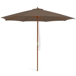 Gymax - 10FT Wooden Market Table Umbrella Pulley Sunshade Canopy w/8 Bamboo Ribs - Coffee