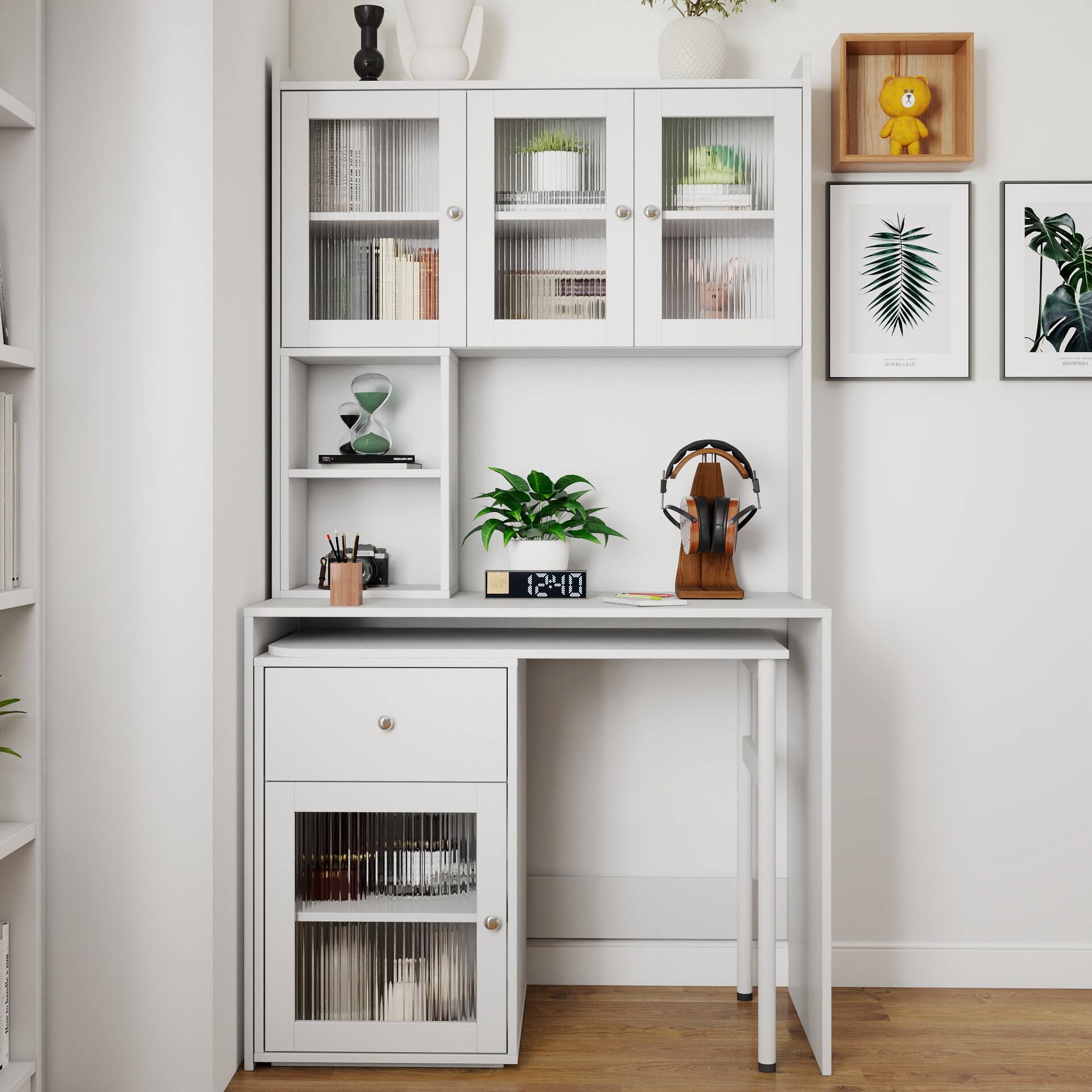 Alt View 1. Tiramisubest - Computer Desk with glass door for Home Office, Bookshelf & Hutch, Computer Desk with 90 Degree Rotating Desktop, White - White.