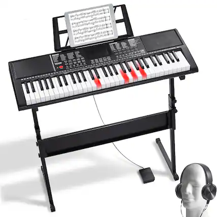 Front. VEVOR - 61 Key Digital Keyboard Piano,Lighted Keys, Electric Portable Piano with Adjustable Stand 600 Tones 500 Rhythms Built-In - Black.