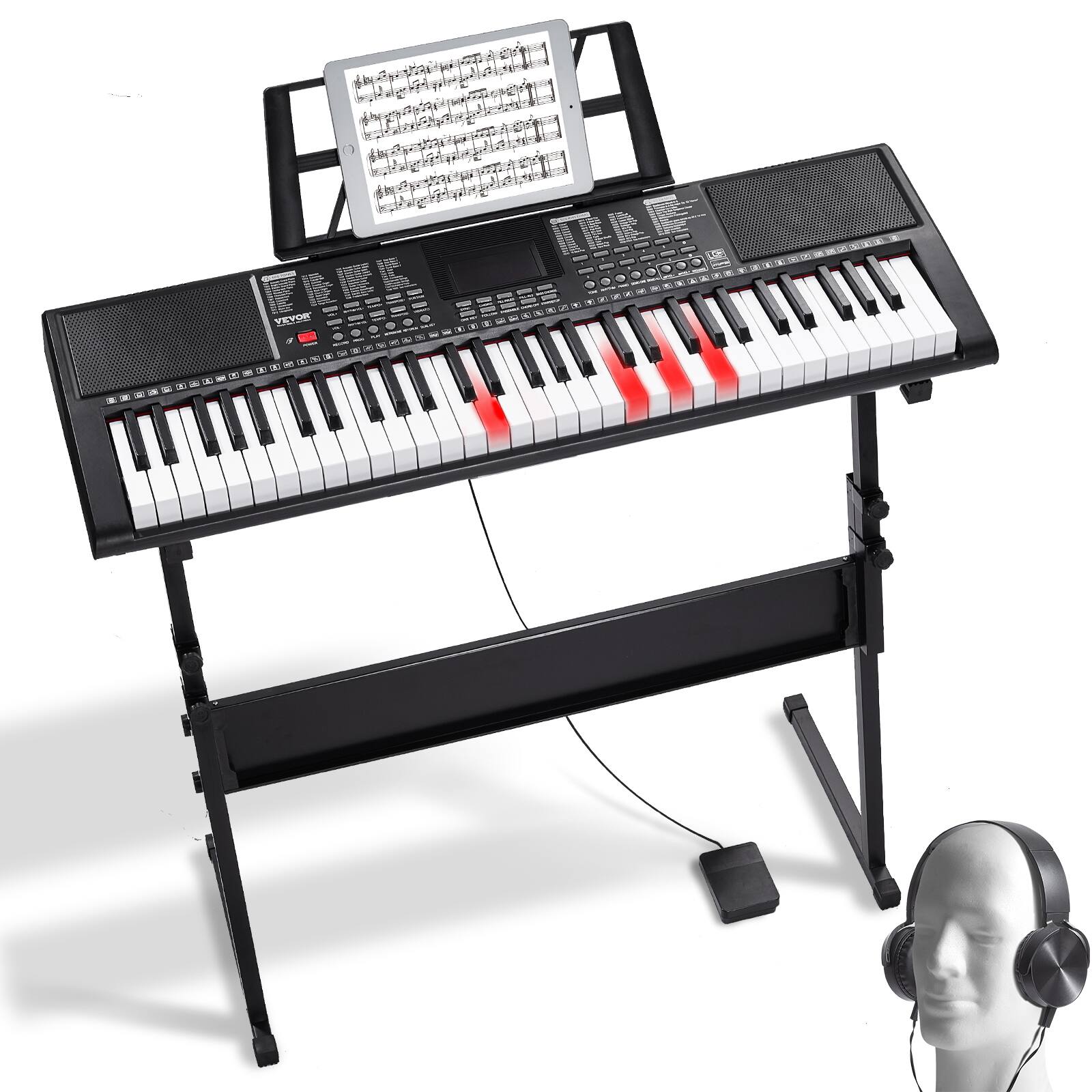 Front. VEVOR - 61 Key Digital Keyboard Piano,Lighted Keys, Electric Portable Piano with Adjustable Stand 600 Tones 500 Rhythms Built-In - Black.
