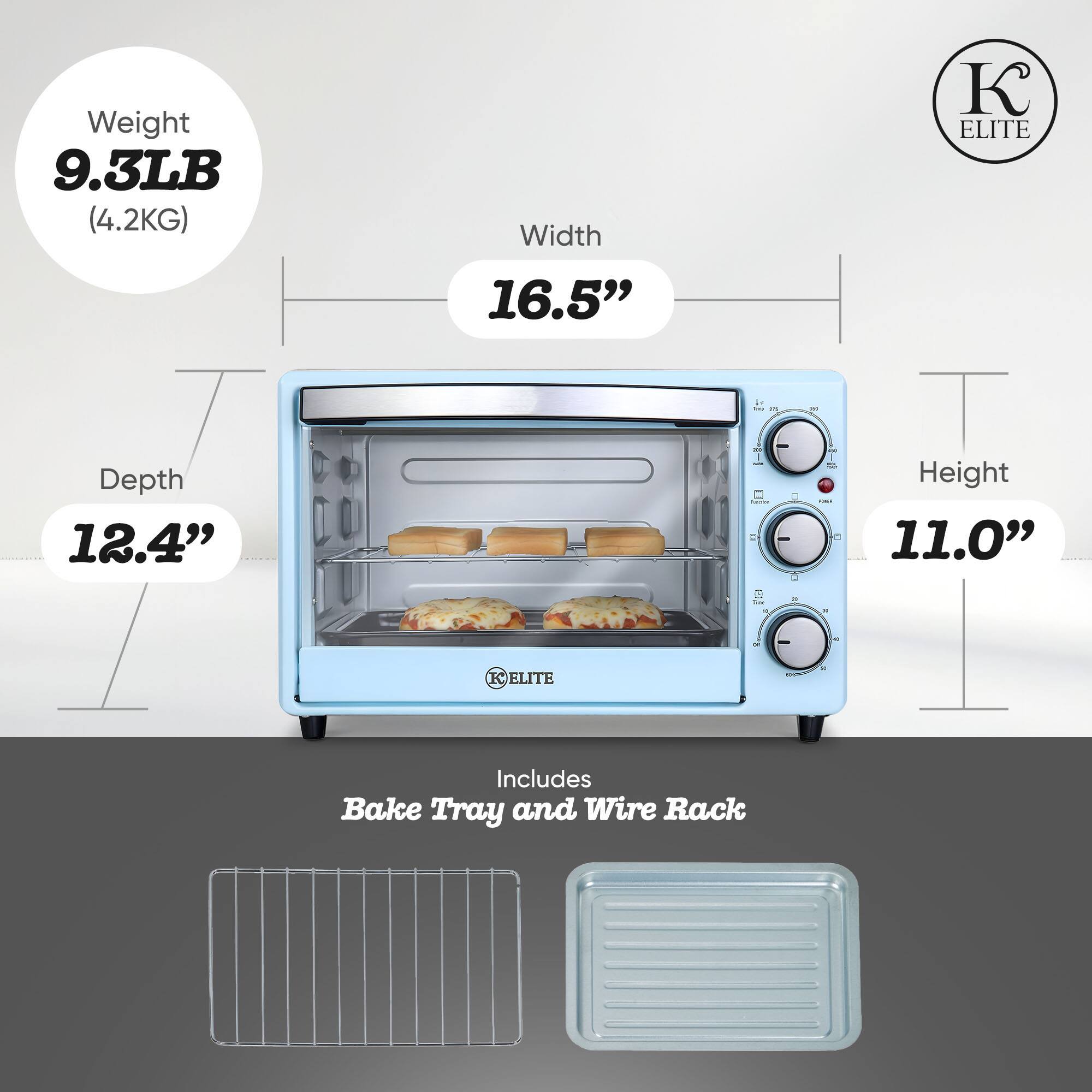 Weight 9.3LB (4.2KG)  
Width 16.5"  
Depth 12.4"  
Height 11.0"  
Includes Bake Tray and Wire Rack