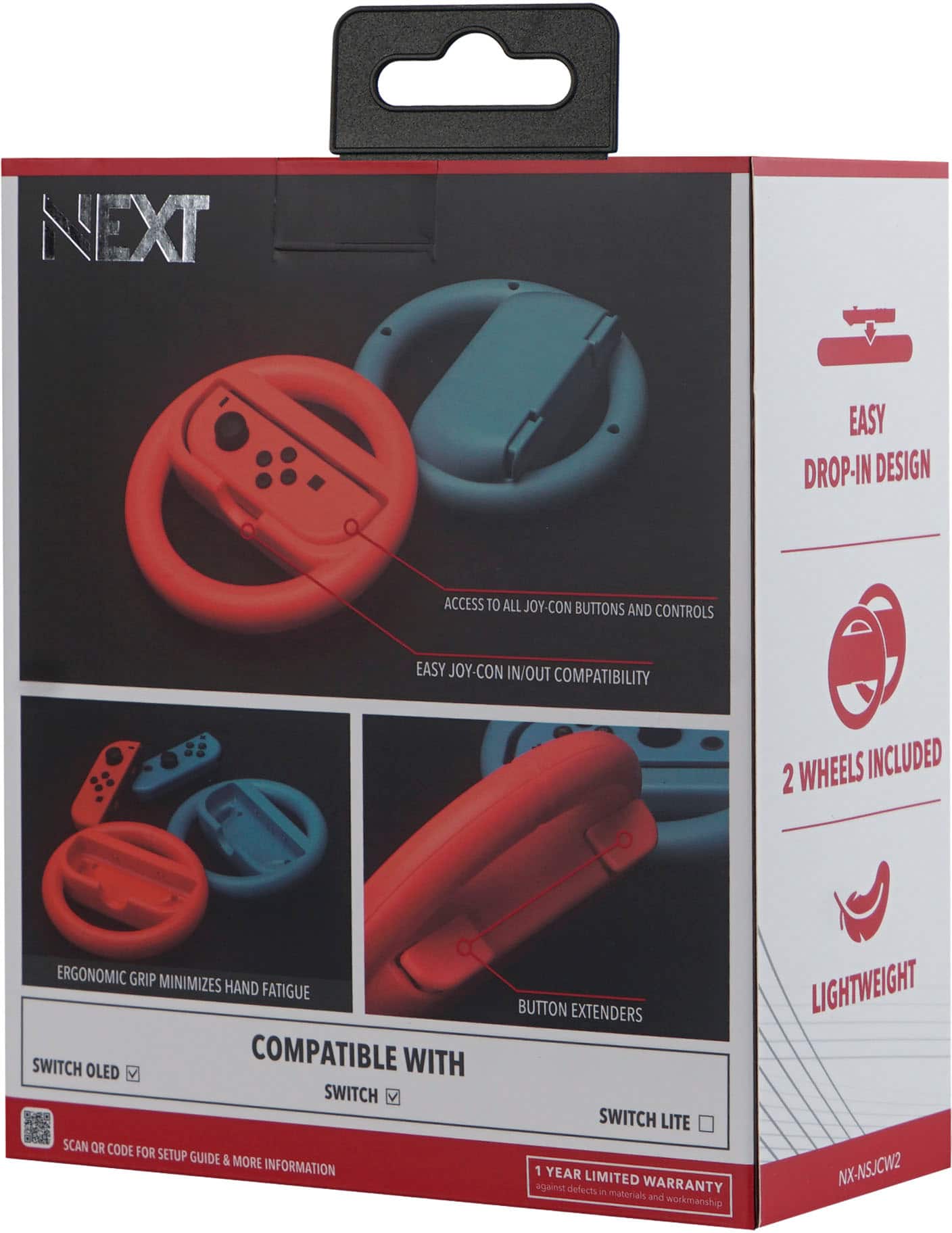 NEXT EASY DROP-IN DESIGN ACCESS TO ALL JOY-CON BUTTONS AND CONTROLS EASY JOY-CON IN/OUT COMPATIBILITY 2 WHEELS INCLUDED ERGONOMIC GRIP MINIMIZES HAND FATIGUE SWITCH OLED COMPATIBLE WITH SWITCH SCAN OR CODE FOR SETUP GUIDE & MORE INFORMATION BUTTON EXTENDERS SWITCH LITE 1 YEAR LIMITED WARRANTY against defects in materials and workmanship LIGHTWEIGHT NX-NSJCW2