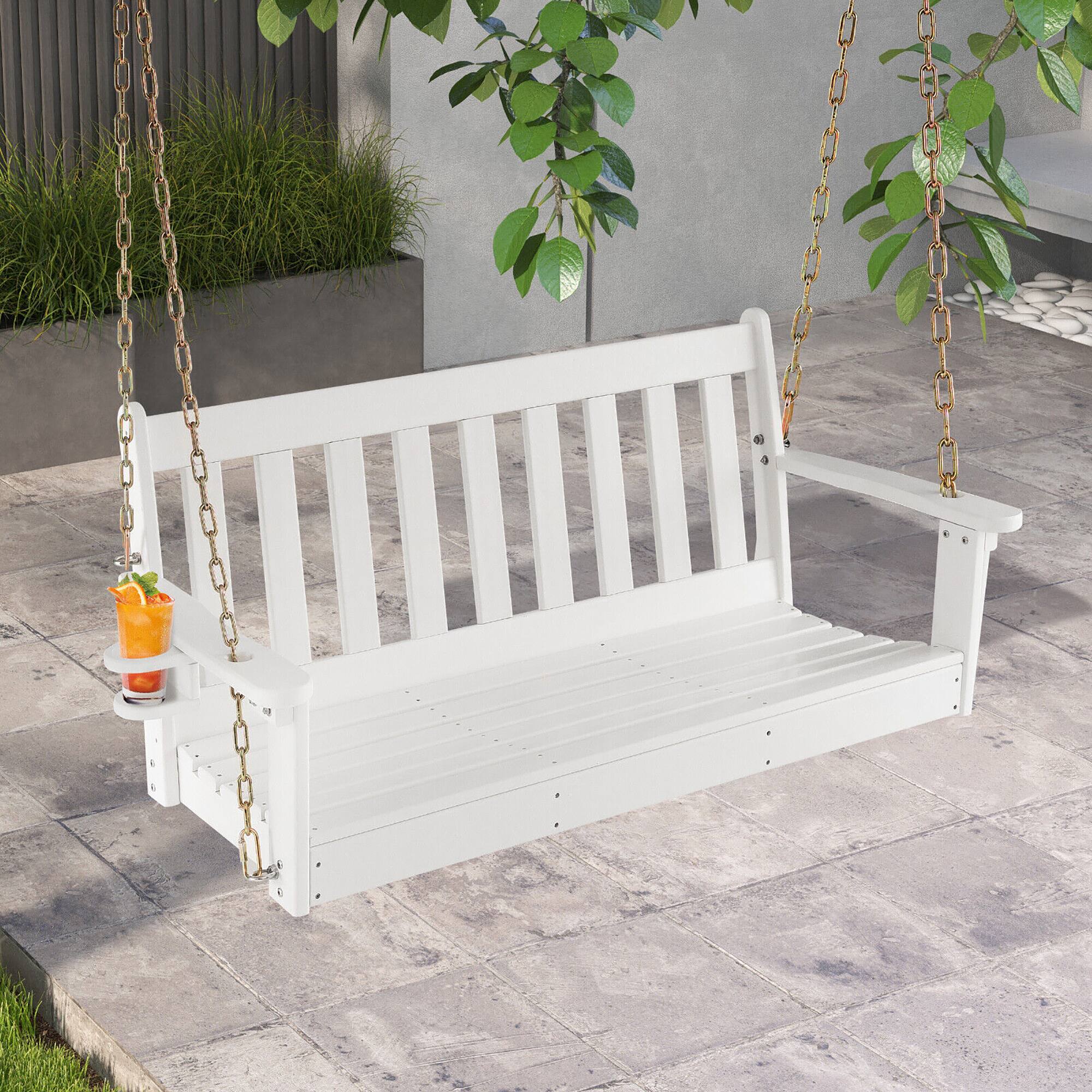 Alt View 1. Gymax - Gymax 54'' HDPE Porch Swing Outdoor Patio Hanging Chair w/ Cup Holder Adjustable Chain - White.