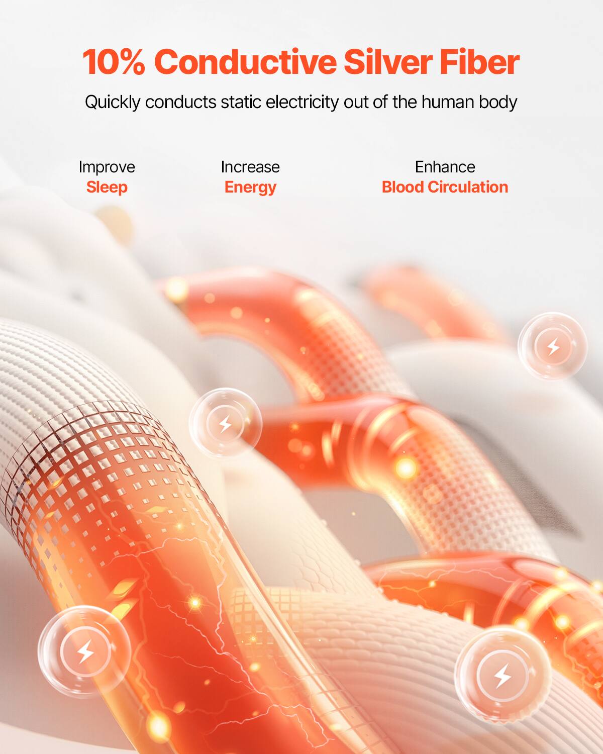 10% Conductive Silver Fiber  
Quickly conducts static electricity out of the human body  

Improve Sleep  
Increase Energy  
Enhance Blood Circulation
