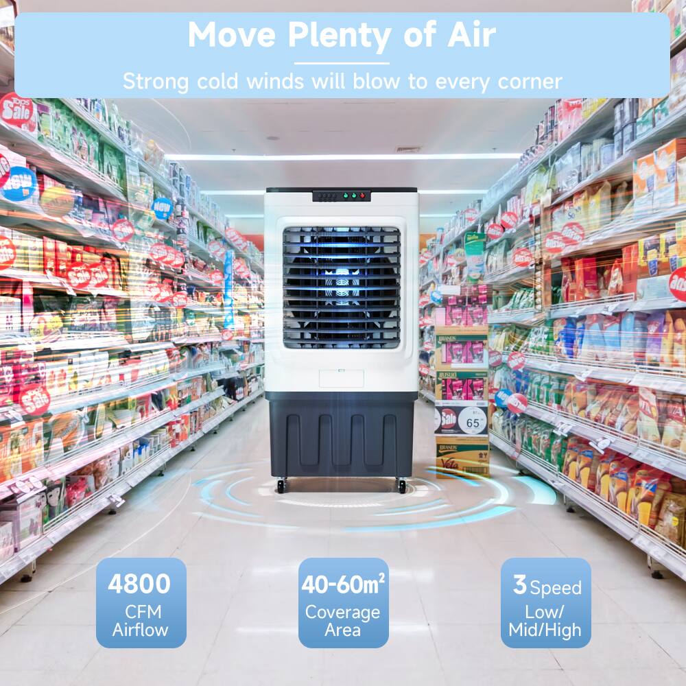 Move Plenty of Air  
Strong cold winds will blow to every corner  

4800 CFM Airflow  
40-60m² Coverage Area  
3 Speed Low/Mid/High