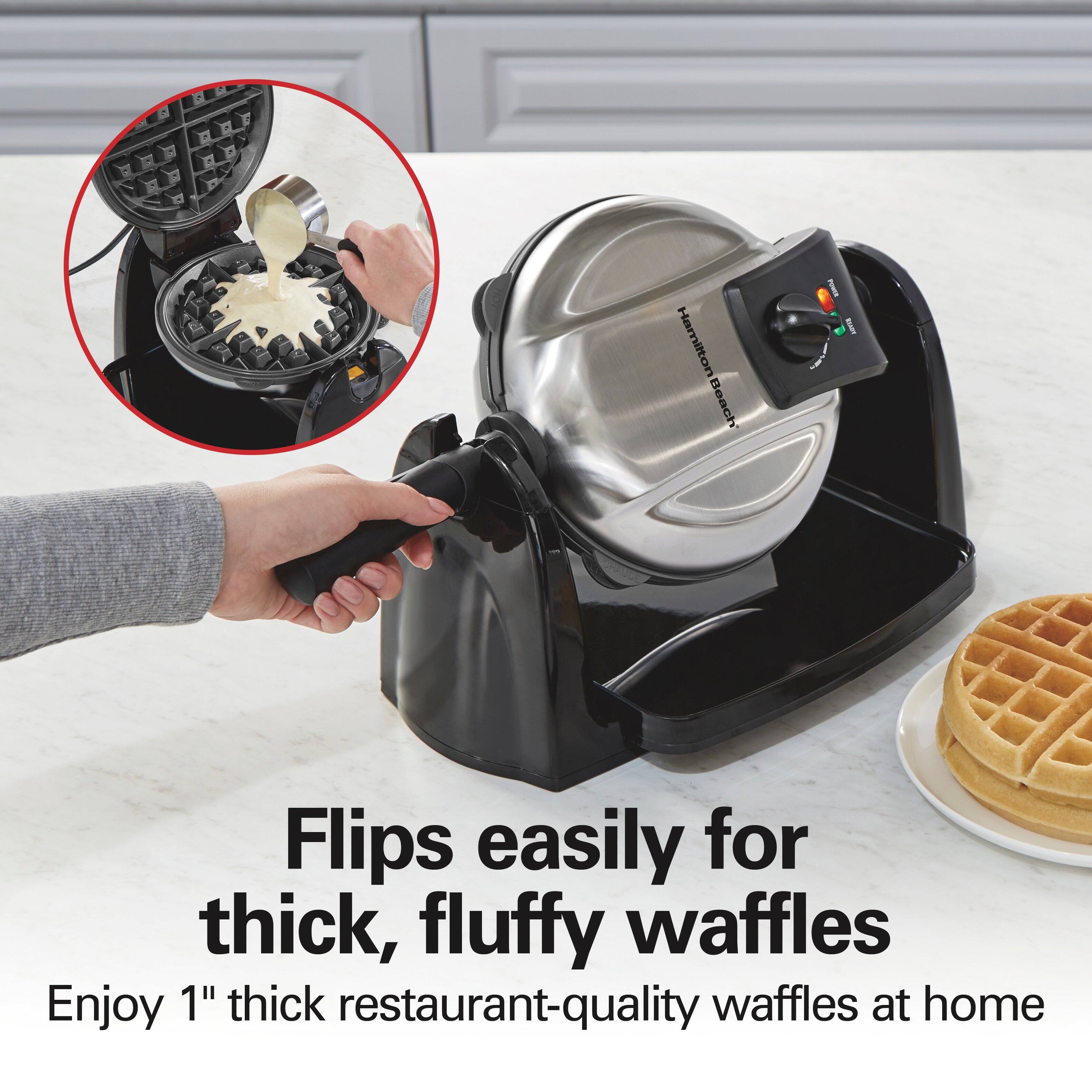 Flips easily for thick, fluffy waffles

Enjoy 1" thick restaurant-quality waffles at home
