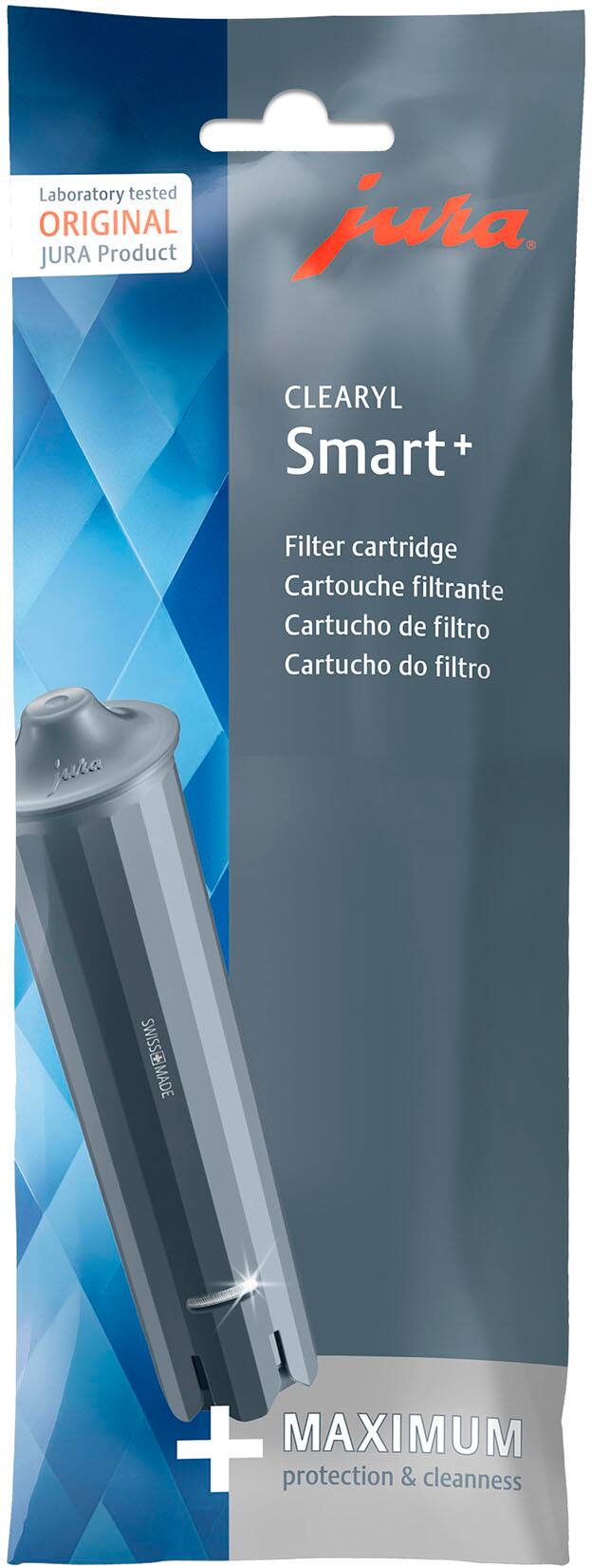 Laboratory tested ORIGINAL jura JURA Product CLEARYL Smart+ Filter cartridge Cartouche filtrante Cartucho de filtro Cartucho do filtro juta SWISSERMADE + MAXIMUM protection & cleanness.