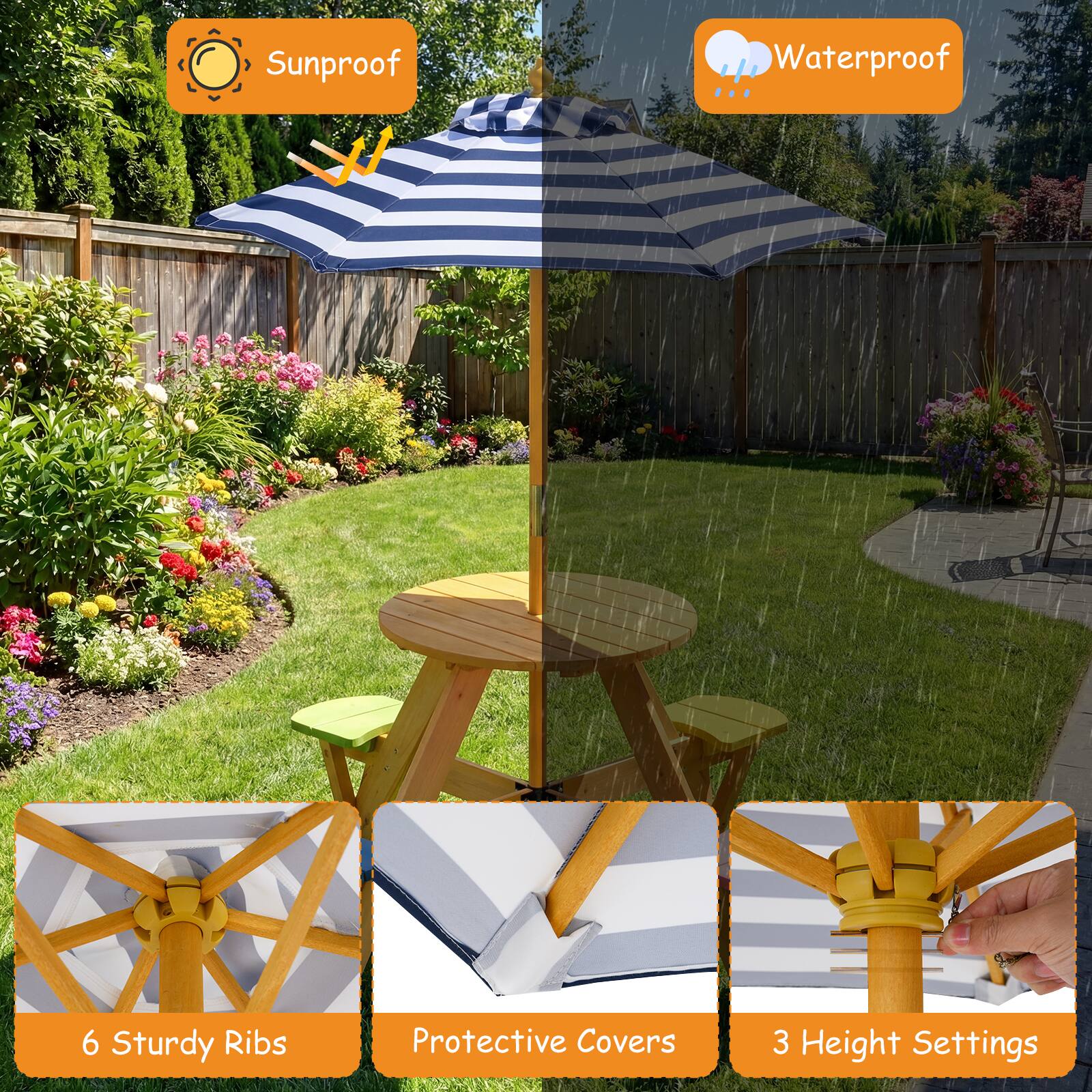 Sunproof Waterproof  
6 Sturdy Ribs  
Protective Covers  
3 Height Settings