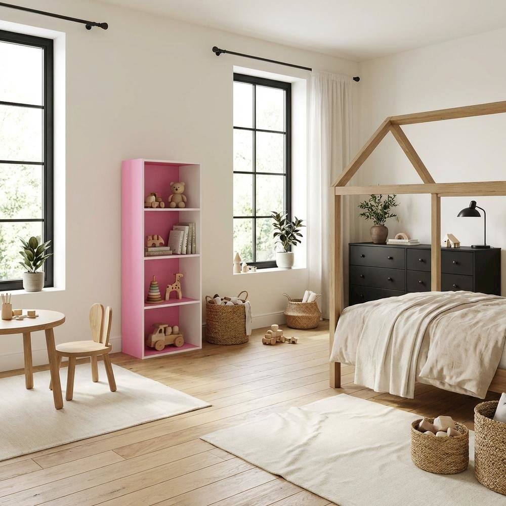 Left. FurniFact - Engineered Wood Bookcase with Open Shelving for Storage and Display - Pink/White.