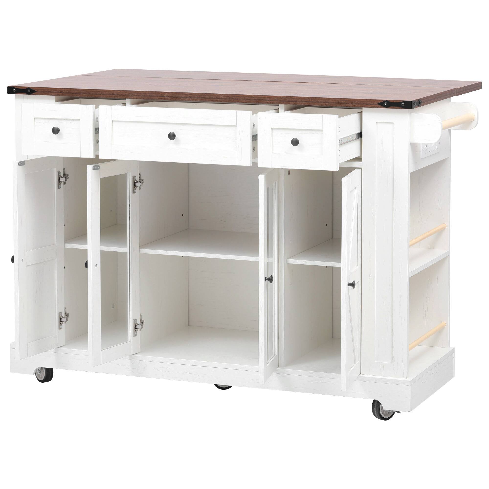Alt View 7. Spaco - Spaco 53" Farmhouse Kitchen Island Cart with Power Outlet,3 Drawer 5 Rack Rolling Storage, Drop Leaf, Glass Cabinets - White.