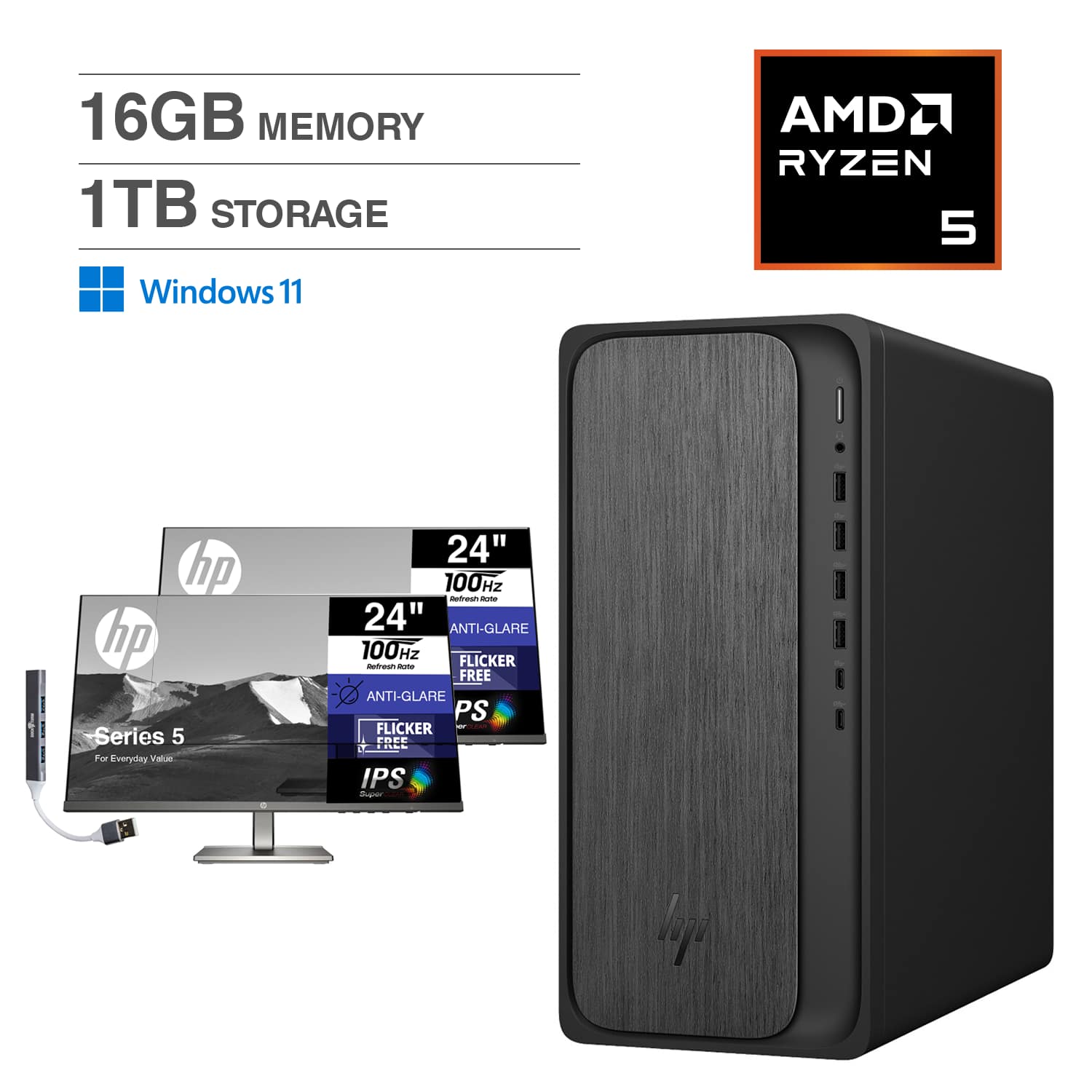 HP - OmniDesk Desktop (Ryzen 5, 16GB, 1TB SSD, WiFi 6, Win 11 Home) Bundle with Two Monitors 24 inch and USB Hub - Gray Wood
