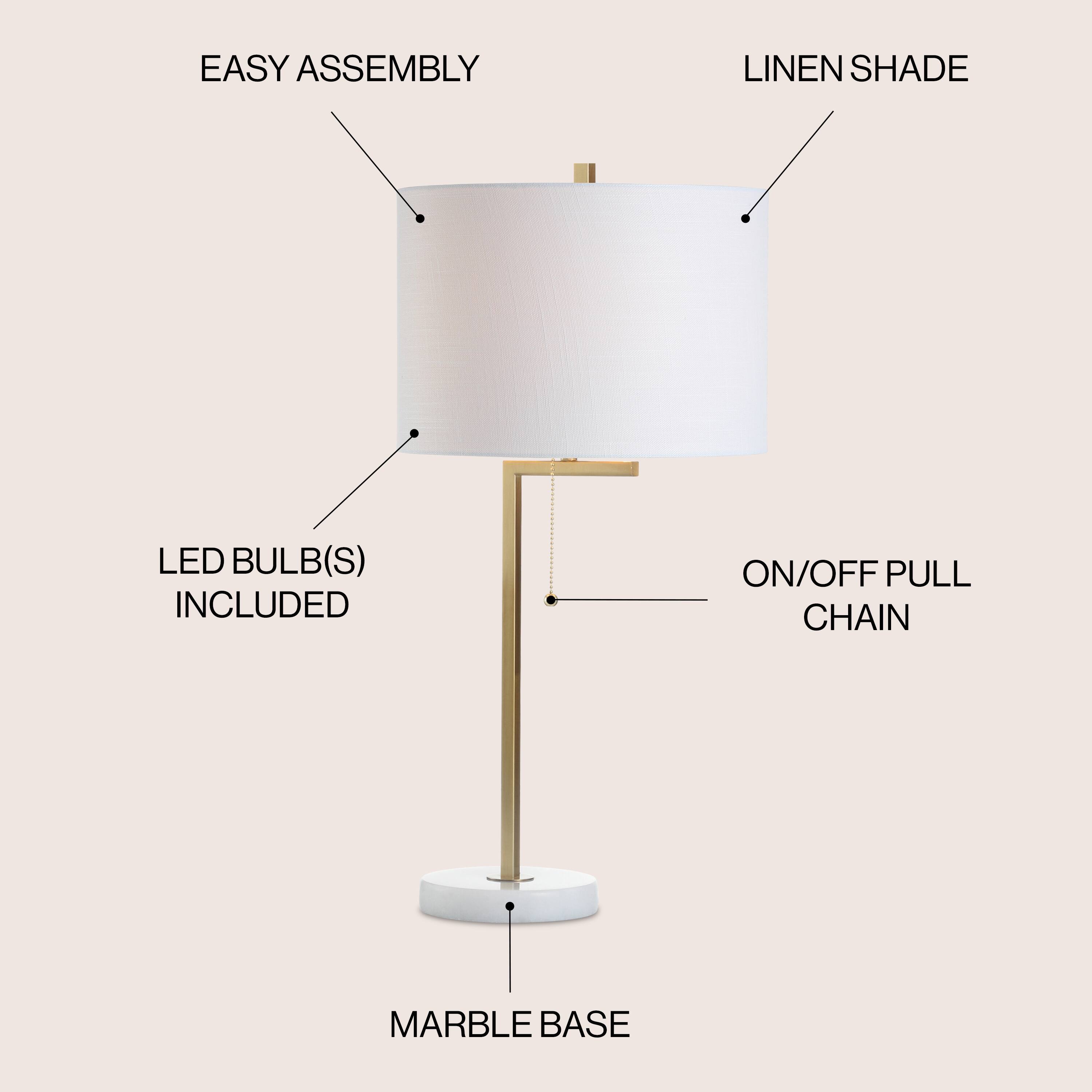 EASY ASSEMBLY  
LINEN SHADE  
LED BULB(S) INCLUDED  
ON/OFF PULL CHAIN  
MARBLE BASE