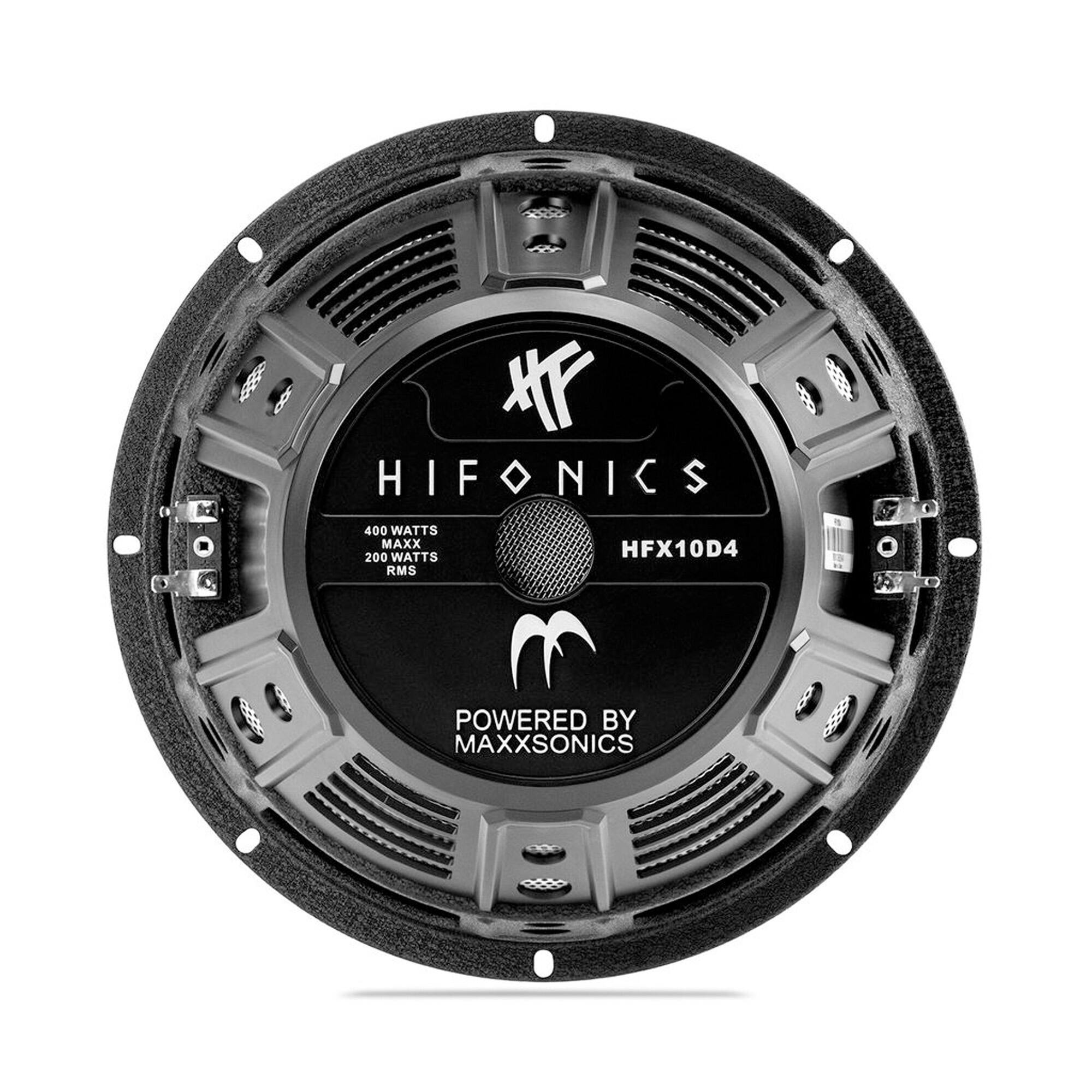 X00 HIFONICS HIFONICS 400 WATTS MAXX 200 WATTS RMS HFX10D4 POWERED BY MAXXSONICS