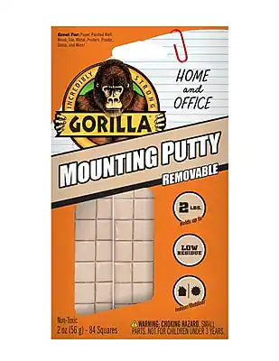 HOME and OFFICE
INCREDIBLY STRONG GORILLA MOUNTING PUTTY
REMOVABLE
2 oz (56 g) - 84 Squares
LOW RESIDUE
Non-Toxic
WARNING: CHOKING HAZARD - SMALL PARTS. NOT FOR CHILDREN UNDER 3 YEARS