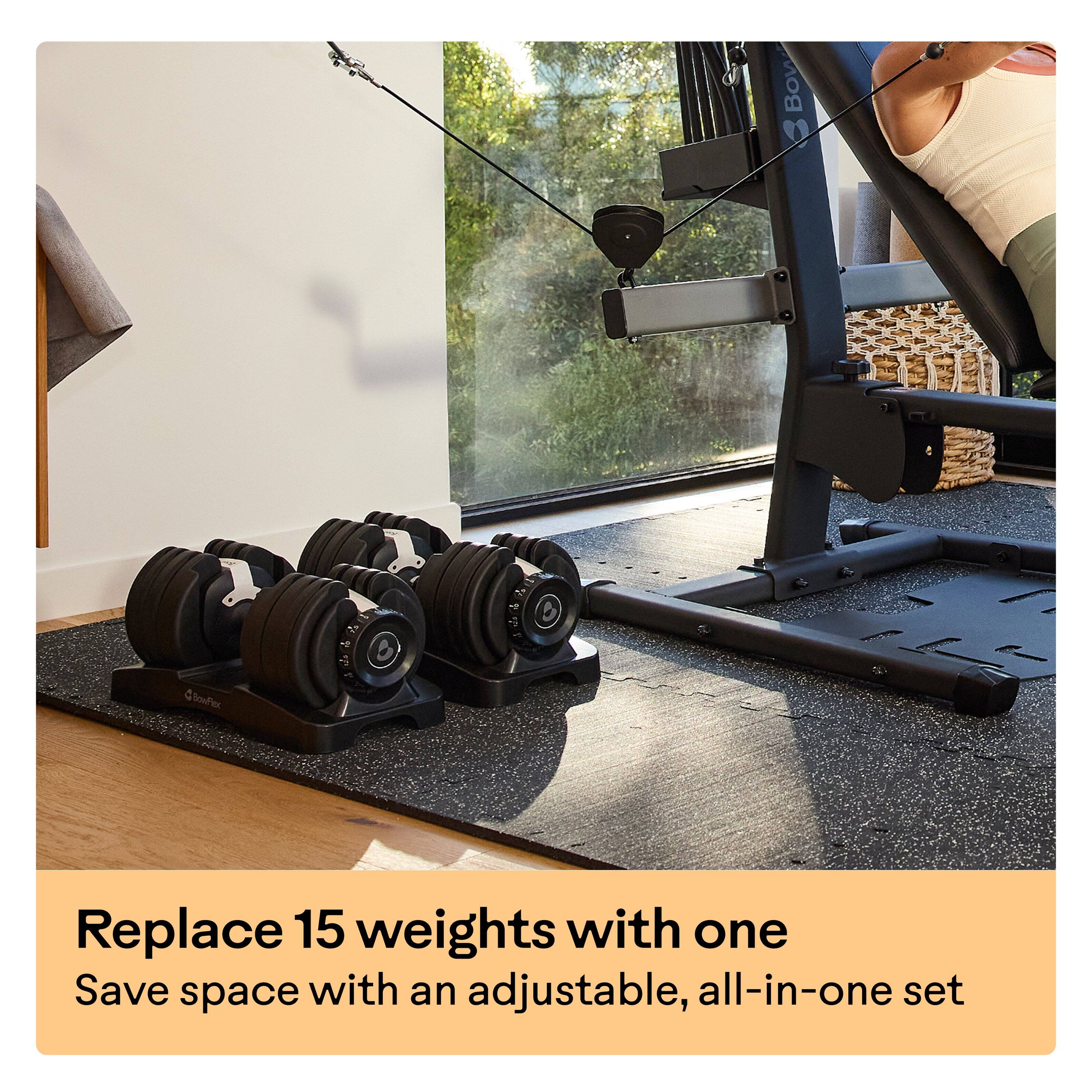 Replace 15 weights with one  
Save space with an adjustable, all-in-one set